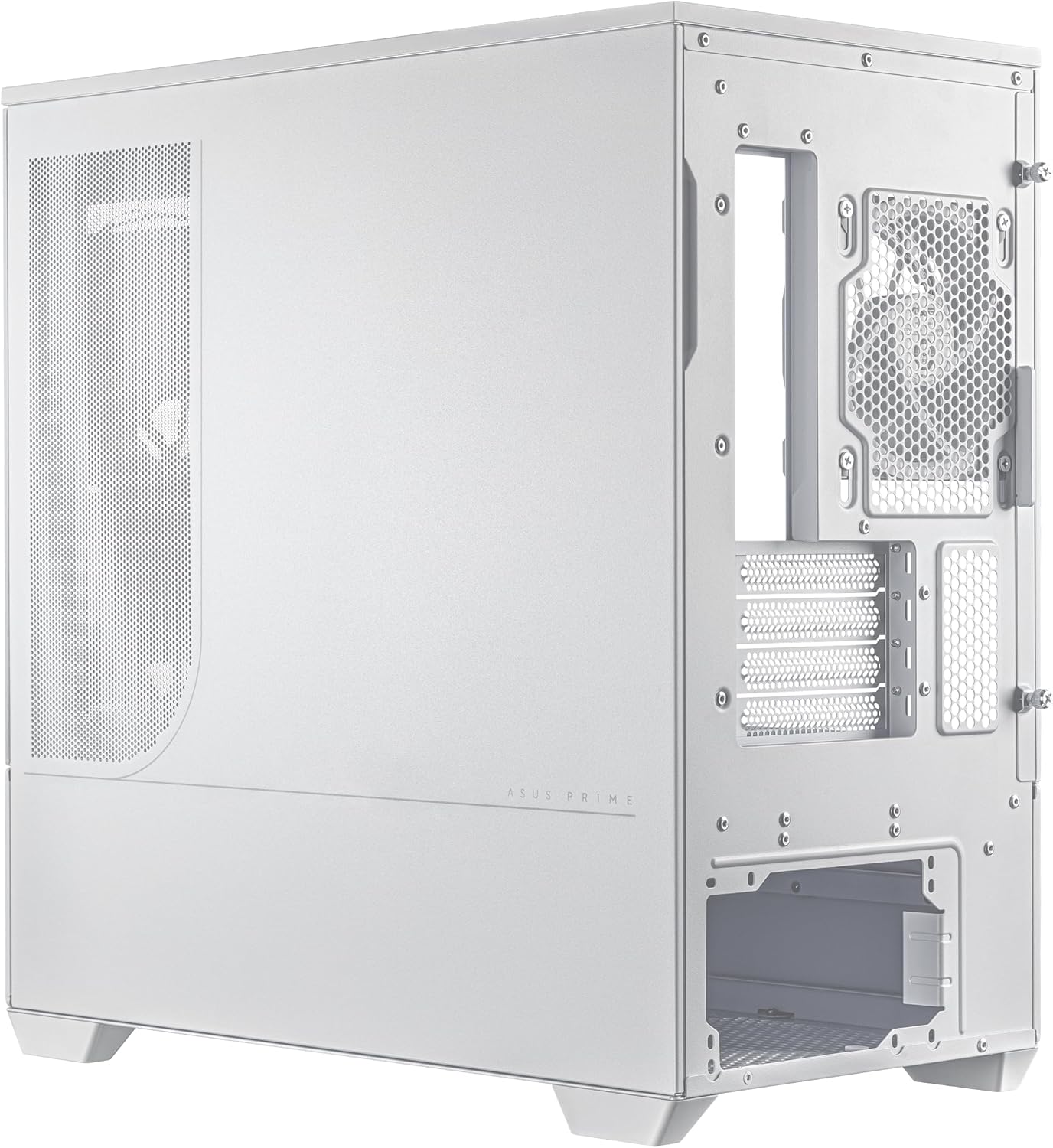 nipoaka view of ASUS Prime AP202 ARGB White mATX PC Case showing all detachable panels and components
