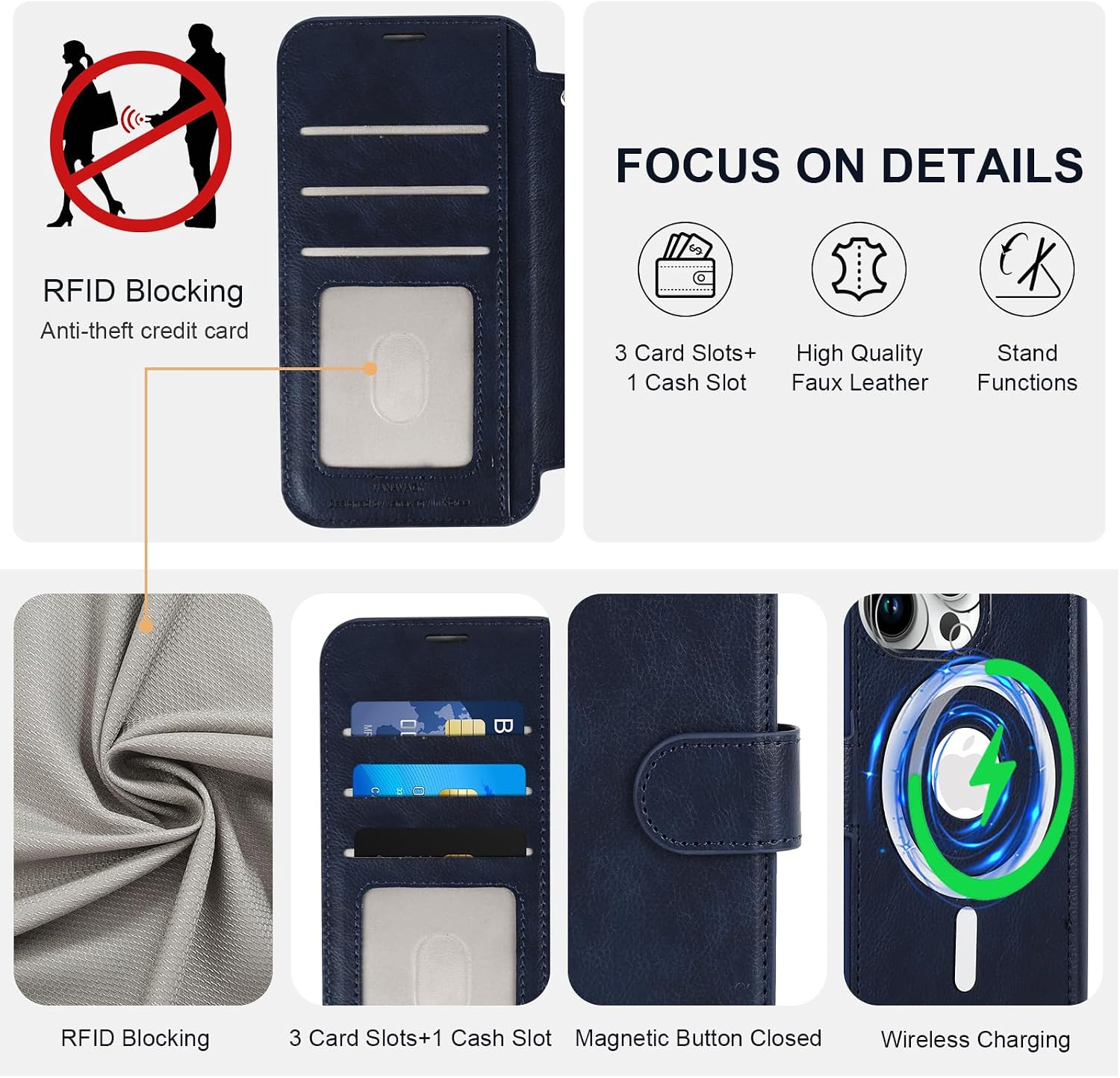 VANAVAGY Compatible for iPhone 14 Pro Wallet Case for Magsafe Wireless Charging, PU Leather Flip Folio Phone Cover with Wrist Strap RFID Blocking Card Holder Screen Protector,Navy Blue