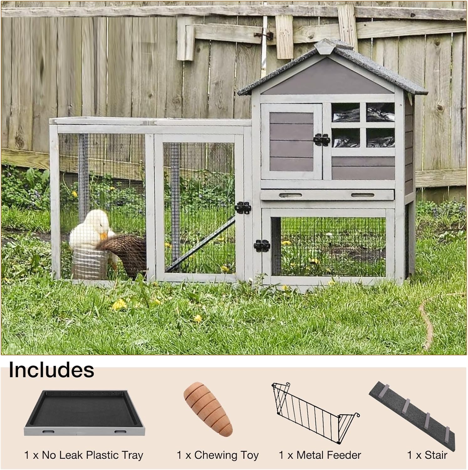 Image showing the included components: a plastic tray, a chewing toy, a metal feeder, and a stair ramp