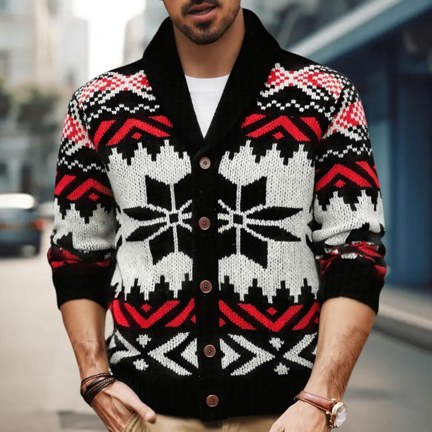 Men's Shawl Collar Cardigan Sweater, Geometric Jacquard Pattern, Black White Red, Knit Wool Blend, Button Front, Long Sleeve, Retro Style - Image 4