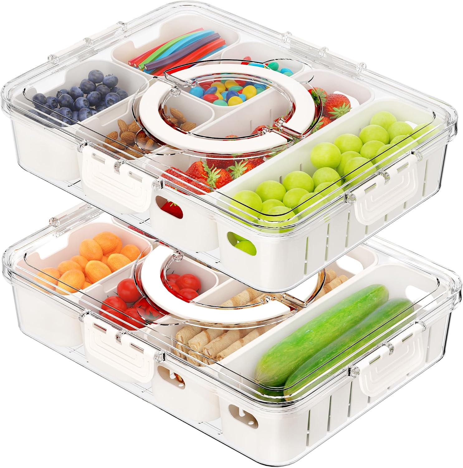 2 Pack Divided Serving Tray with Lid and Handle, 12 Compartments Snackle Box Container, Portable Platter with Drain Trays for Candy Fruit Nut, Road Trip Essentials, Picnic & Party