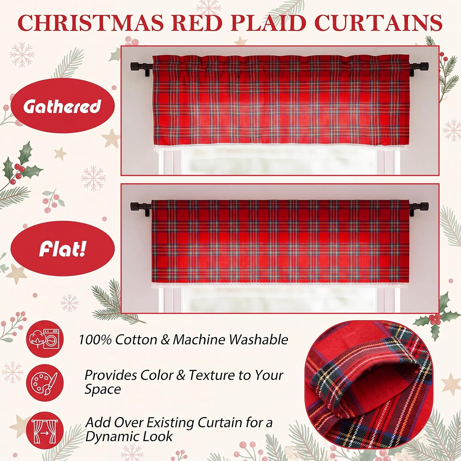 2 Pack Christmas Red Tartan Plaid Window Valances with Lace, 18 x 52 Inch