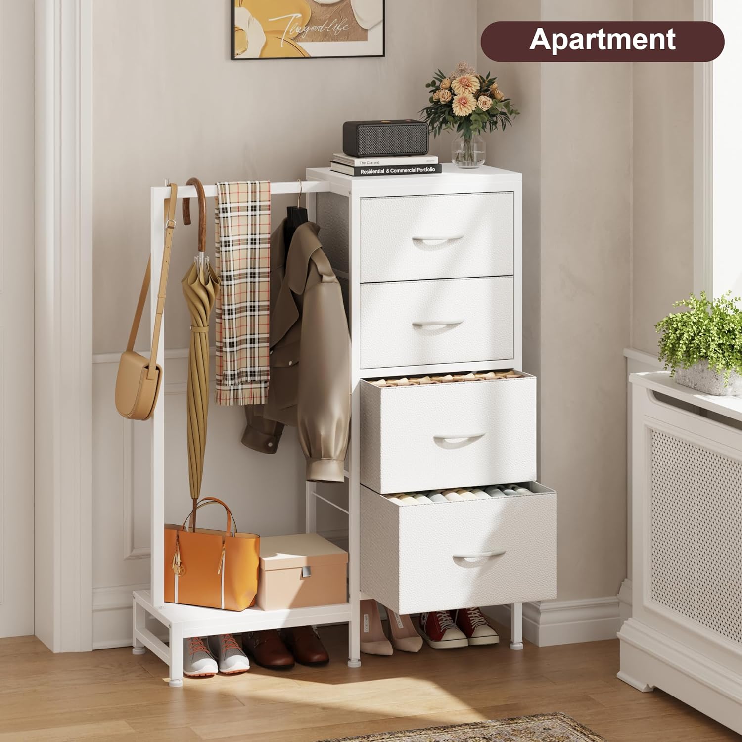 Dresser with Hanging Rack, 4 Drawers Small Closet for Bedroom, Reversible Fabric Kids Chest of Drawers with Clothes Rack, Tall Storage Tower, Sturdy Frame, White, 44''H - Image 3