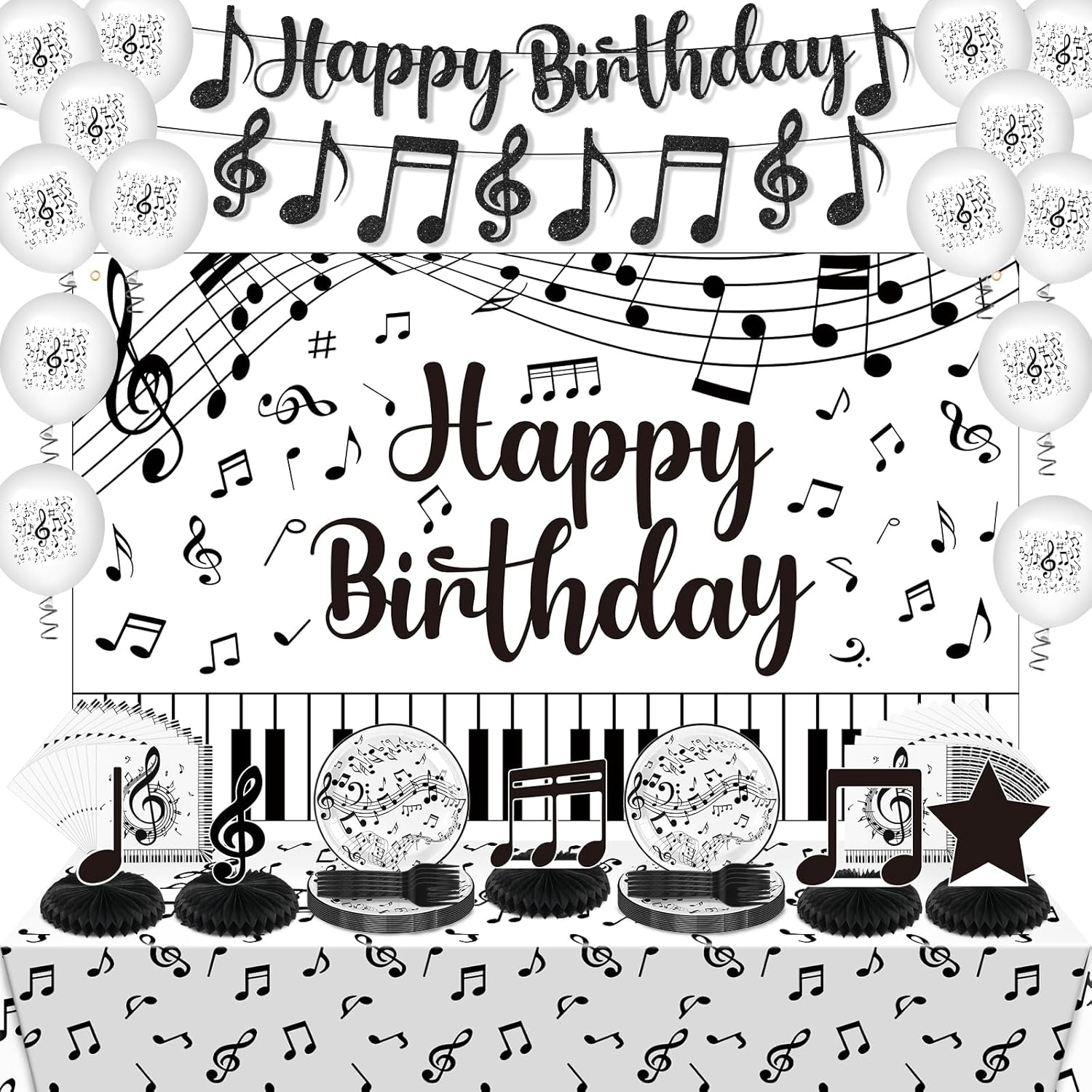 Music Party Decorations Black Musical Note Happy Birthday Banner Backdrop Balloons Notes Plates Napkins Tablecloth Table Honeycomb Centerpieces for Kids Adults Music Birthday Party Supplies Serves 10