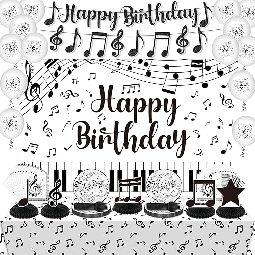 Decoraciones de fiesta musical, nota musical negra, pancarta de feliz cumpleaños, globos, notas, platos, servilletas, mantel, mesa de nido de abeja