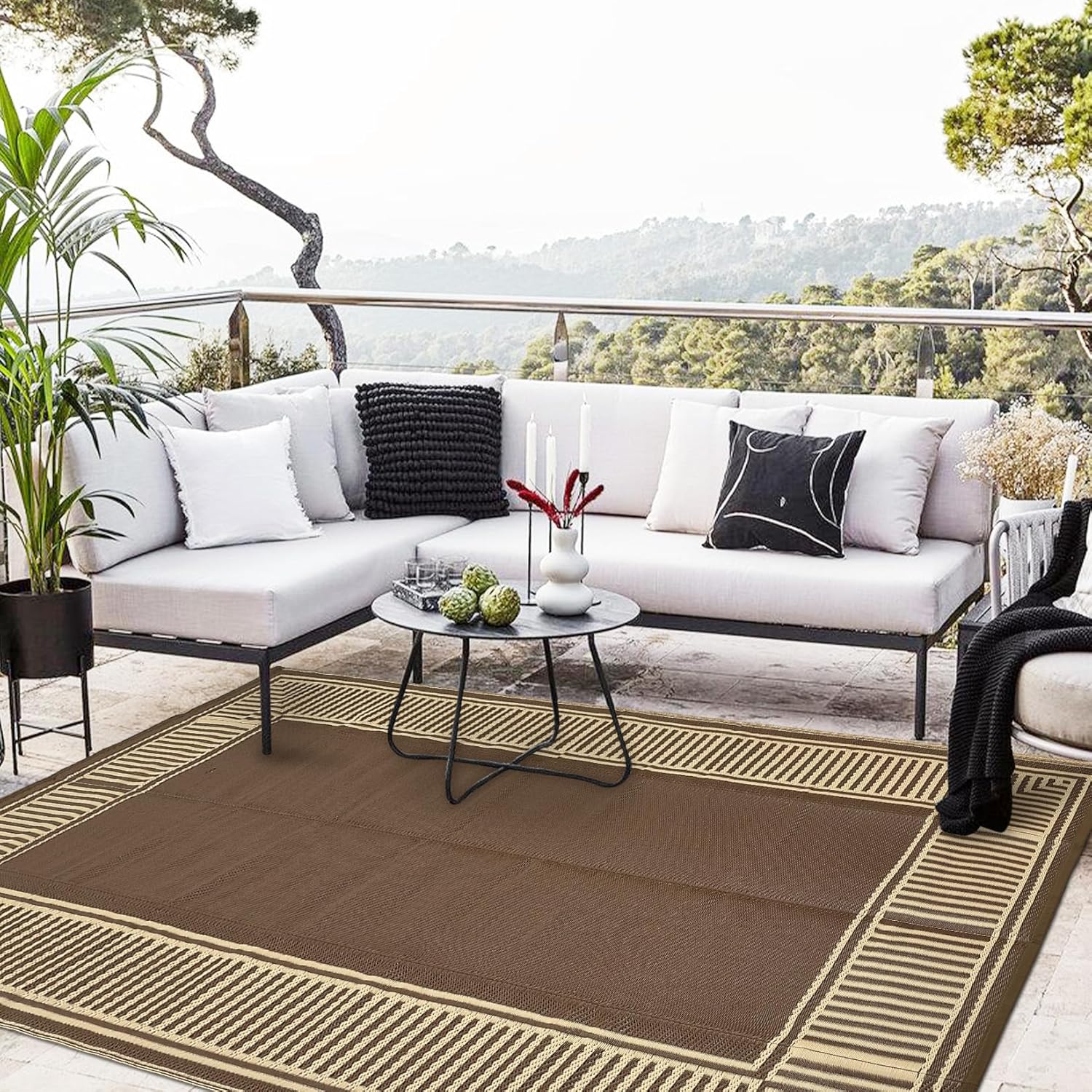 GAOMON Large Outdoor Rugs for Patio 10x14 Portable Outdoor Carpet, Reversible Plastic Straw Rug Camping Mat Waterproof Outside Rug for RV, Porch, Deck, Balcony, Beach, Picnic, Backyard,Border-Brown