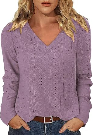 KISSMODA Long Sleeve Fall Shirts For Women V Neck Tunic Tops Embroidered Button Down Knitted Blouses 2025