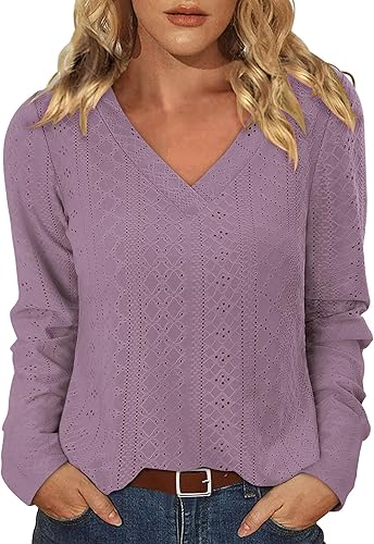 KISSMODA Long Sleeve Fall Shirts For Women V Neck Tunic Tops Embroidered Button Down Knitted Blouses 2025