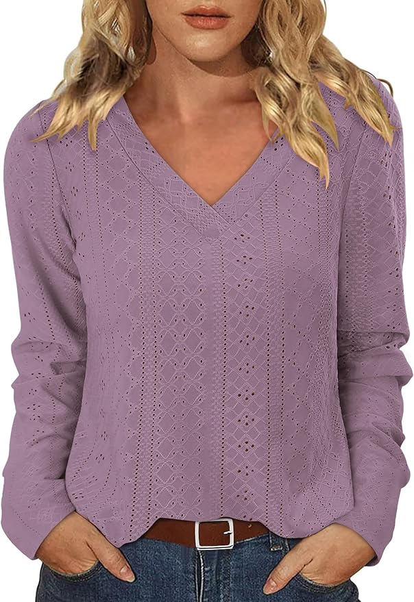 KISSMODA Long Sleeve Fall Shirts For Women V Neck Tunic Tops Embroidered Button Down Knitted Blouses 2025