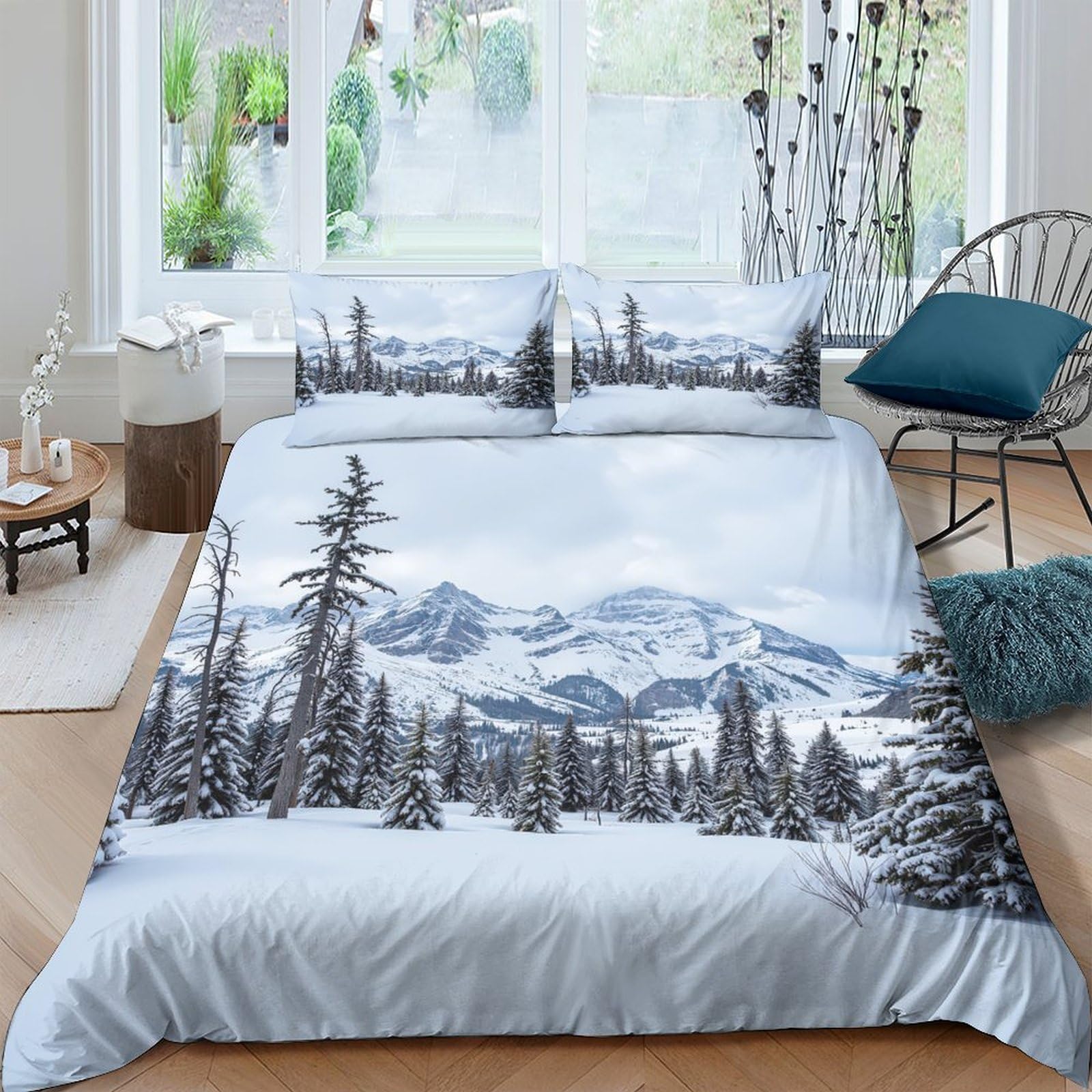 Ctjqhvkz Style-8 3D Printed Snowy Mountain Fitted Sheet Microfiber Soft Breathable Pine Forest Mattress Cover For Bedroom Guest Room Decor Single（135X200cm）