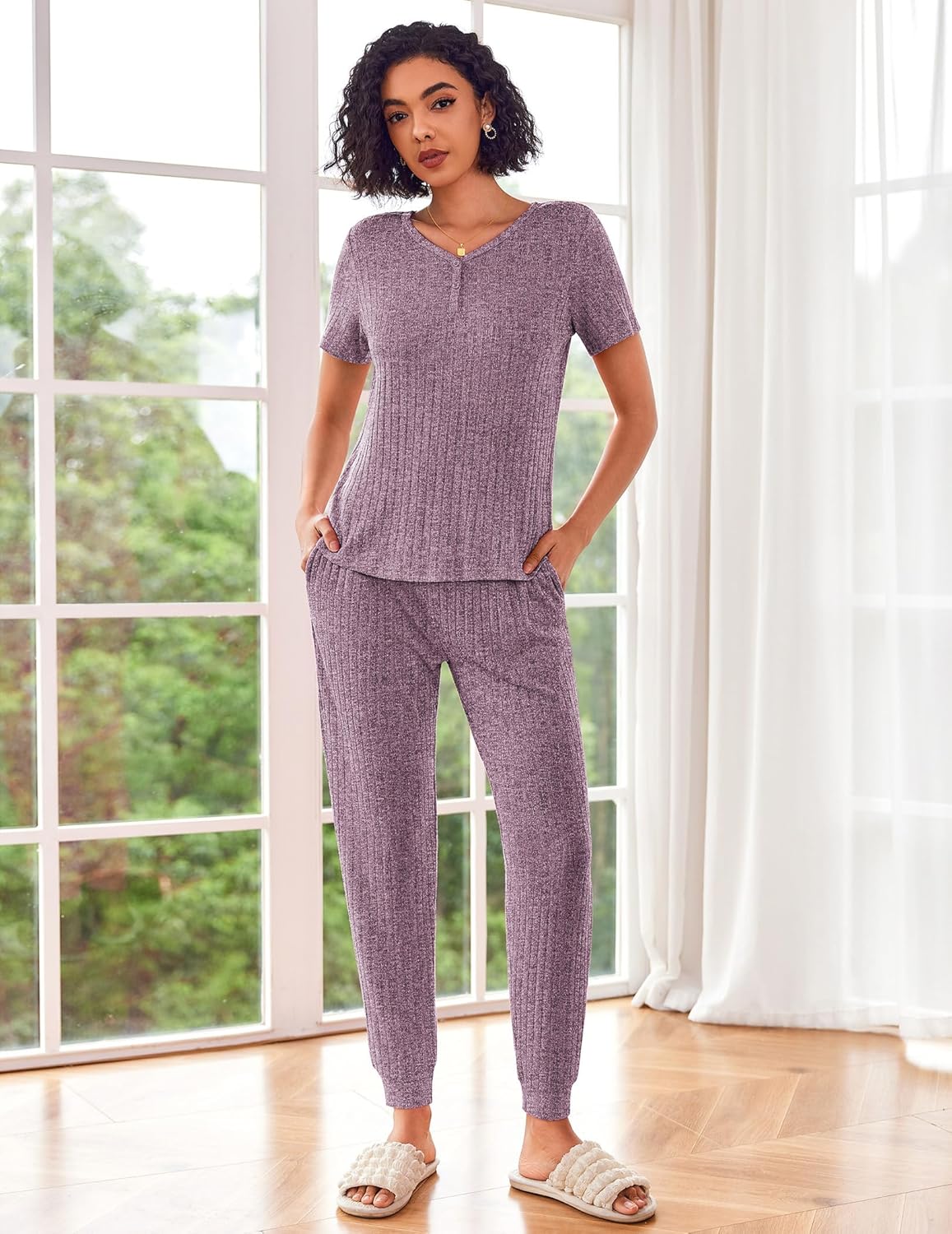 Ekouaer Pajamas for Women Set 2 Piece Rib Knit Lounge Set Joggers Loungewear Short Sleeve Pjs with Pockets - Image 2