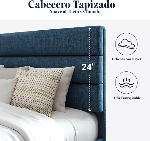 Miniatura 4 de Allewie - Base de cama de plataforma matrimonial con cabecera tapizada de tela y soporte de listones de madera, base de colchón totalmente tapizada,