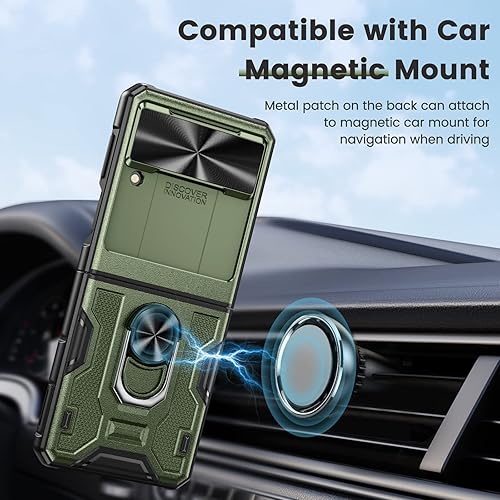 Miniatura 5 de Caka Funda para Galaxy Z Flip 3 con cubierta para cámara, protección de bisagra y soporte con soporte de anillo giratorio 360, color verde