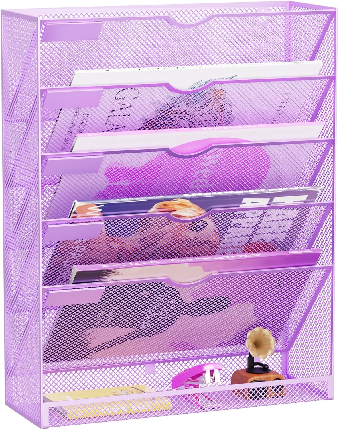 Wall File Organizer Holder Mesh Hanging Paper Document Holder, Vertical 6 Pocket Tier for Office Home, Silver