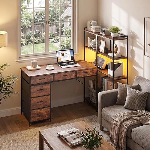 IDEALHOUSE 47.2" l Shaped Gaming Desk with 6 Drawers & 5-Tier Open Storage Shelves, LED Light Corner Desk for Home Office, Study & Gaming