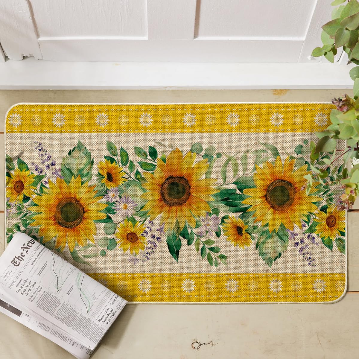 Artoid Mode Sunflower Leaves Summer Doormat, Home Decor Low-Profile Switch Rug Door Mat Floor Mat for Indoor Outdoor 17x29 Inch