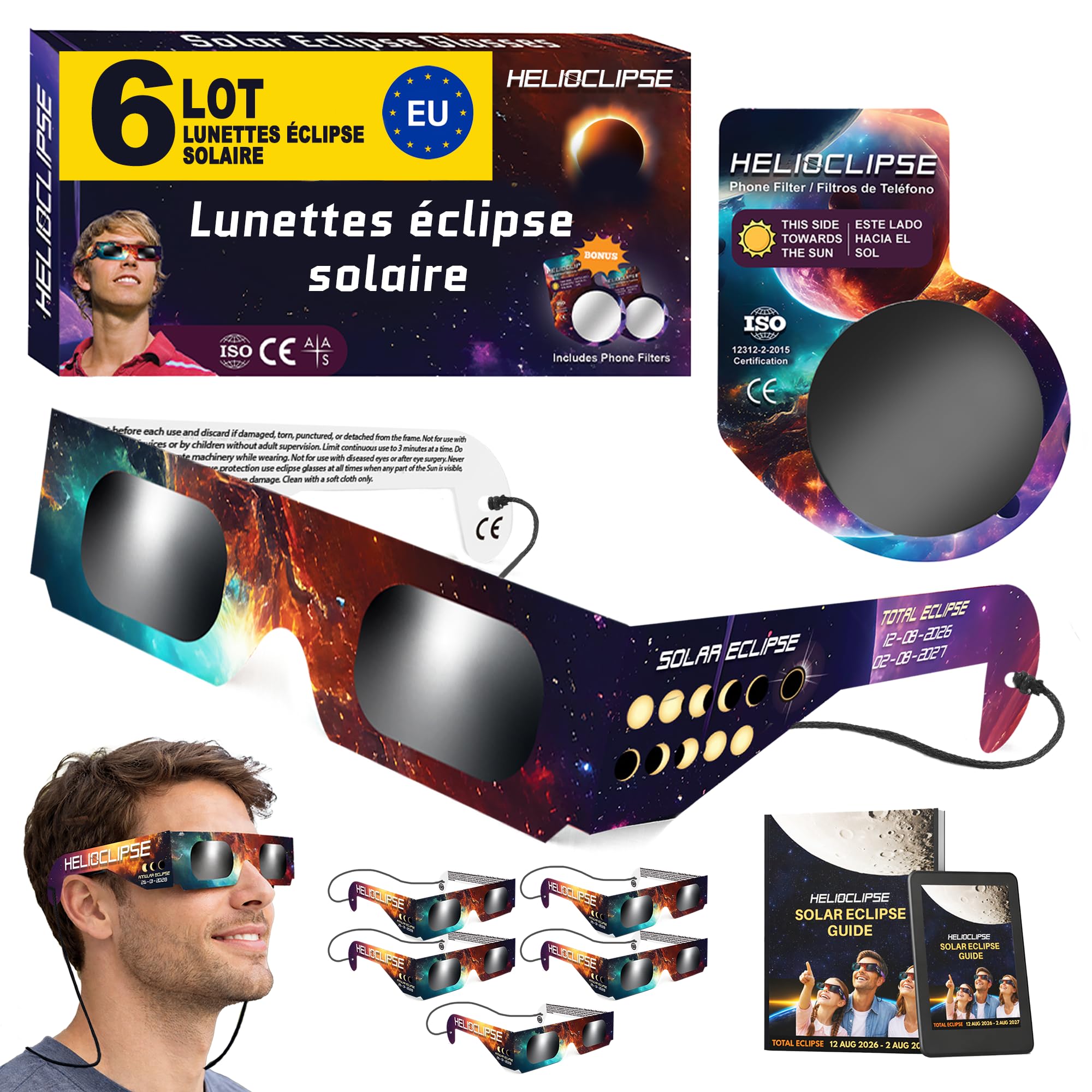 Helioclipse - Lot de 6 lunettes pour éclipse solaire conçues pour l’observation sécurisée des éclipses de Soleil totales ou partielles - Bonus 1x filtre pour téléphone
