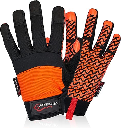 Miniatura 1 de SAFE HANDLER Guantes Super Grip  Palma de agarre texturizada, textura antideslizante, correa de muñeca con gancho y bucle, negronaranja, SM, 1 par