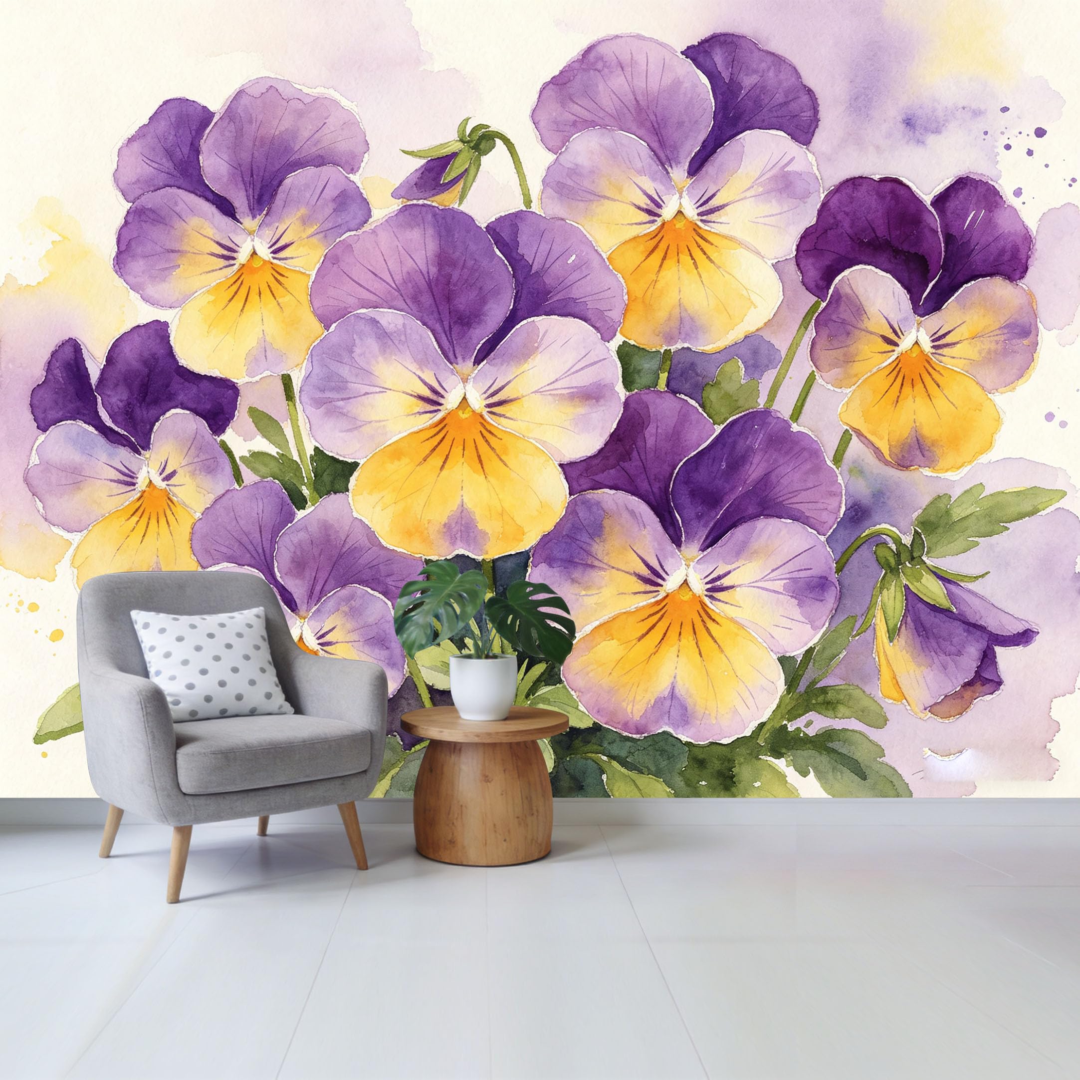 Qzlithotic Yq2605250168 Custom Size Wall Mural Purple Yellow Pansy Flower Bouquet Watercolor Botanical Art Selfadhesive Wall Fabric Removable Wallpaper For Home Office Decor