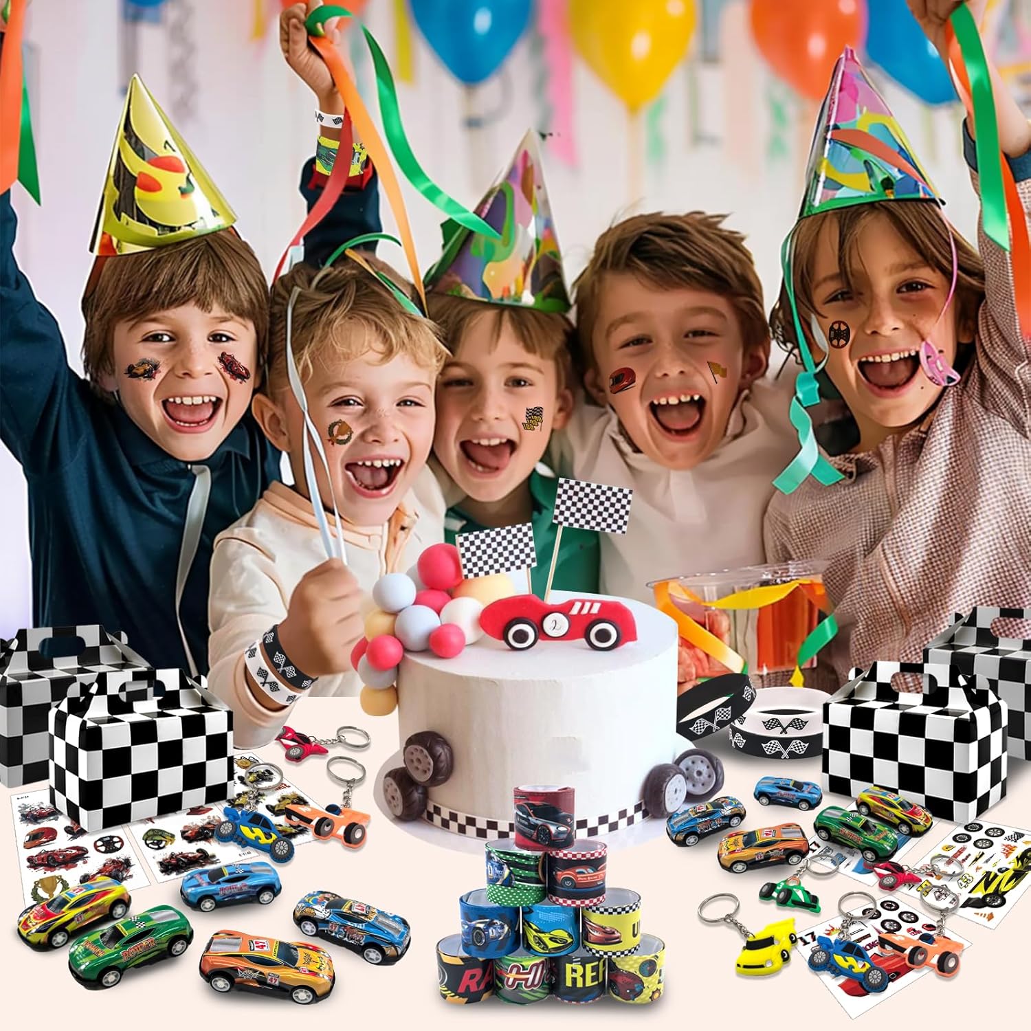 120 Pcs Race Car Party Favors Set with Keychains Slap Bracelets Tattoo Stickers Wristbands Treat Boxes Treat Bags Stuffers Race Car Party Supplies Race Car Party Decorations - Image 7