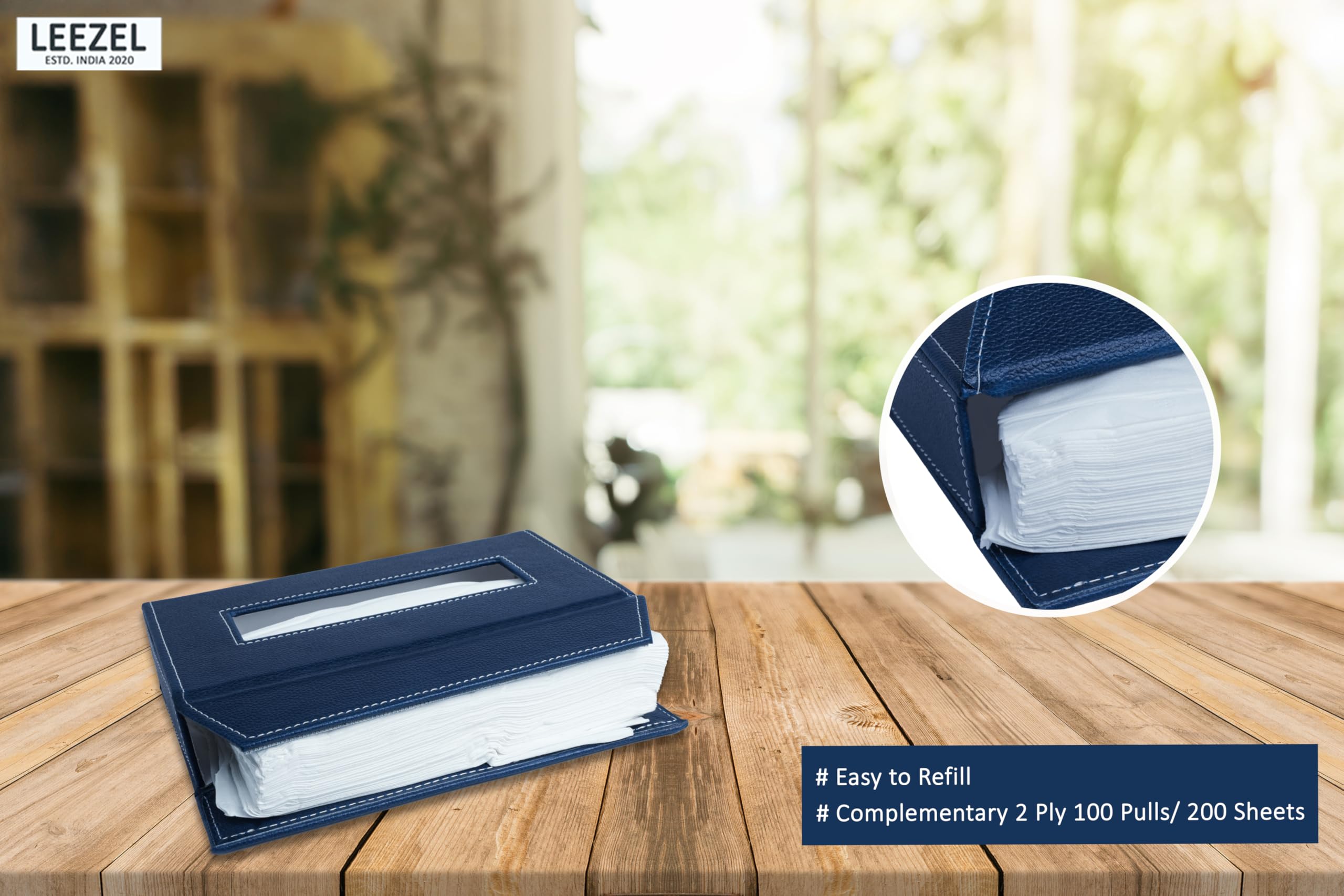 LEEZEL| Tissue Box Holder with 100 Pulls Cotton Rags Tissue | Handcrafted Fine Leather - Like Finish | for Gifting, Office Desks, Cars & Home Décor | Durable & Water Resistant. (Blue) - Image 3 thumbnail