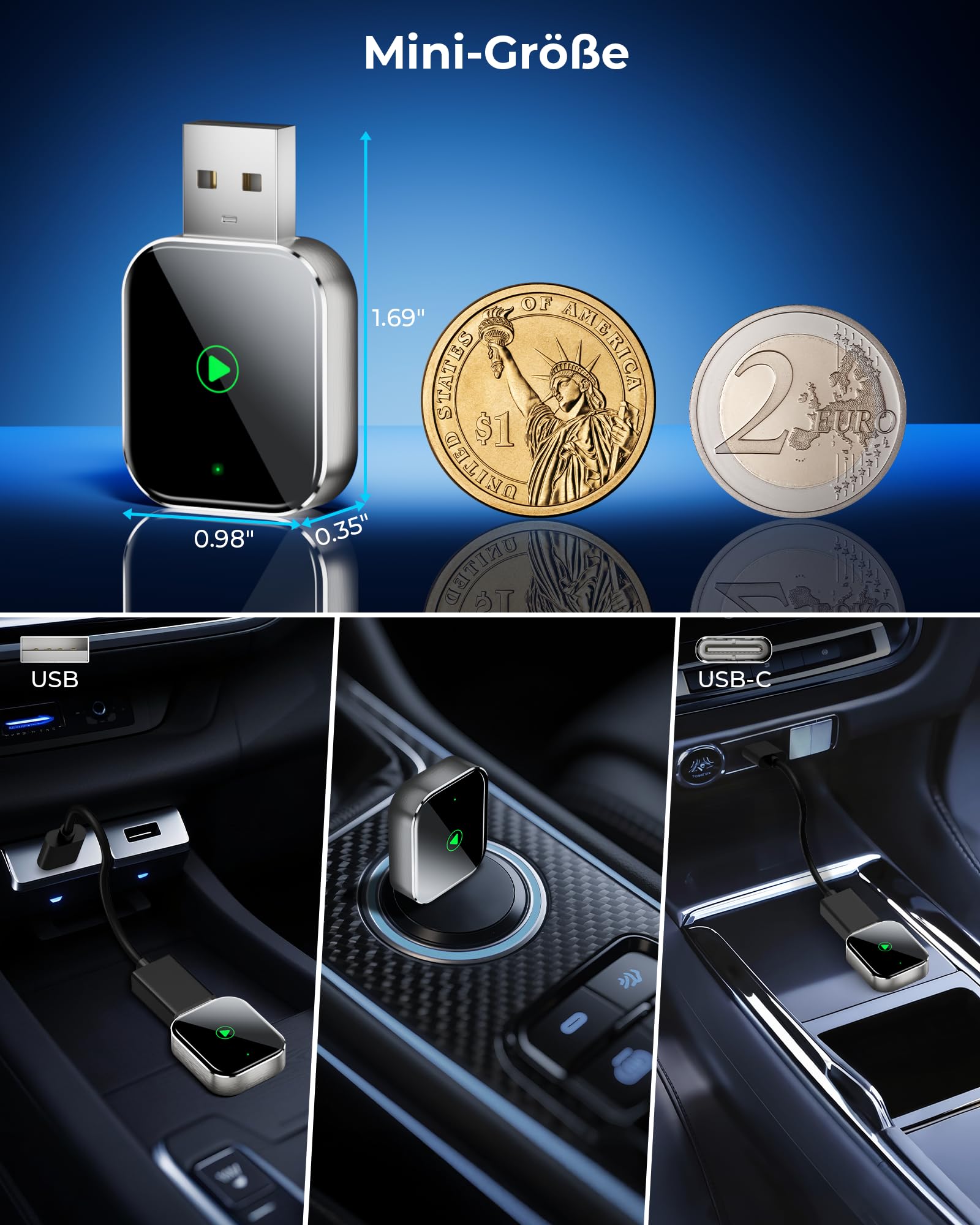 Mini Wireless CarPlay Geräte mit Auto GPS Navigation – Musikwiedergabe und Telefonieren, Umrüstung von kabelgebunden auf kabellos, kompatibel mit Apple iPhone iOS 10+ und kabelgebundenem CarPlay