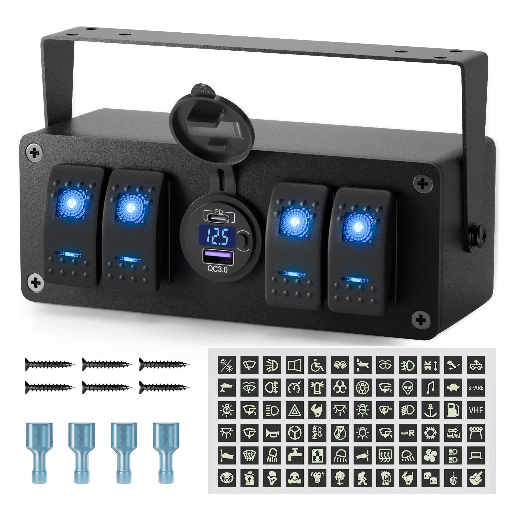 Joinfworld 4 Gang Rocker Switch Box 12V SPST ON/Off Marine Switch Panel 12 Volt Waterproof Blue LED Light Bar with Dual USB Outlet PD3.0 & QC3.0 Car