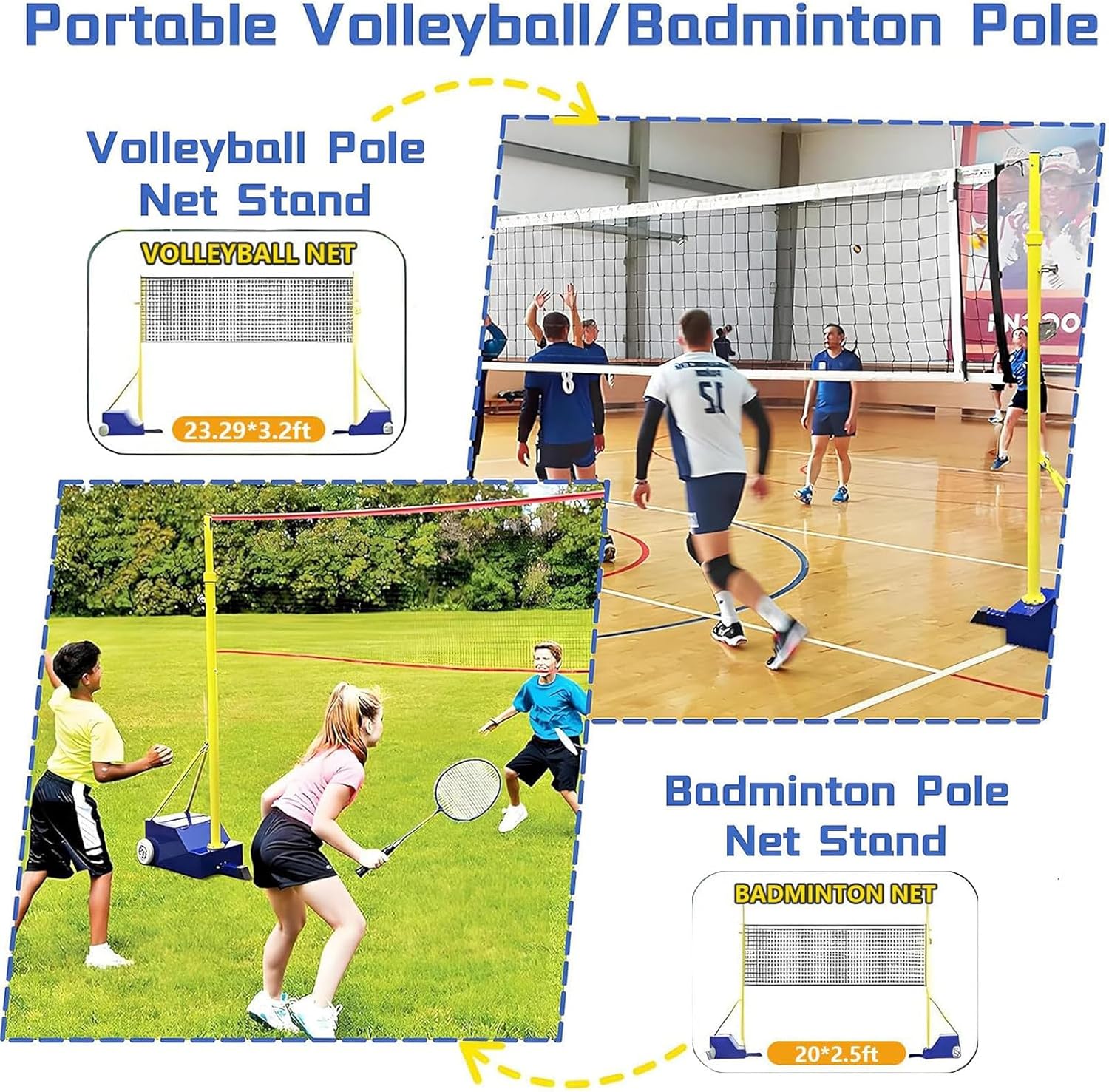 Volleyball Poles, with Volleyball Net/Badminton Net, Indoor& Outdoor Heavy Duty Volleyballs Poles, Adjustable 4 Heights of 5.1ft-6.89ft with Wheels and Net, for Adults Youth Kids Stadium