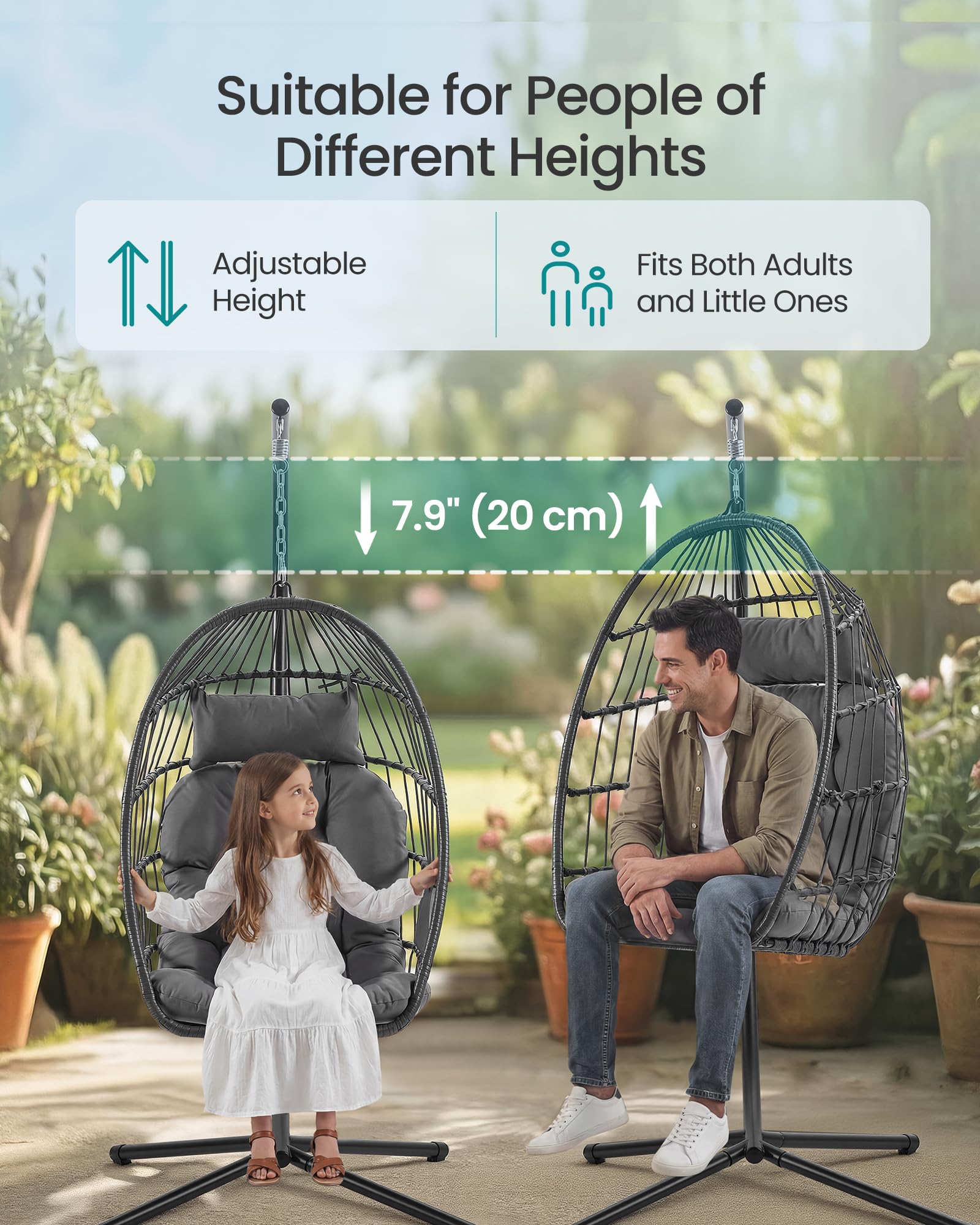 SONGMICS Outdoor Hanging Egg Chair, Foldable Removable Basket, Height-Adjustable Swing Chair, Side Pocket, Cushion, for Living Room, Garden, Balcony, Grey GDC050GZ02 — view 5