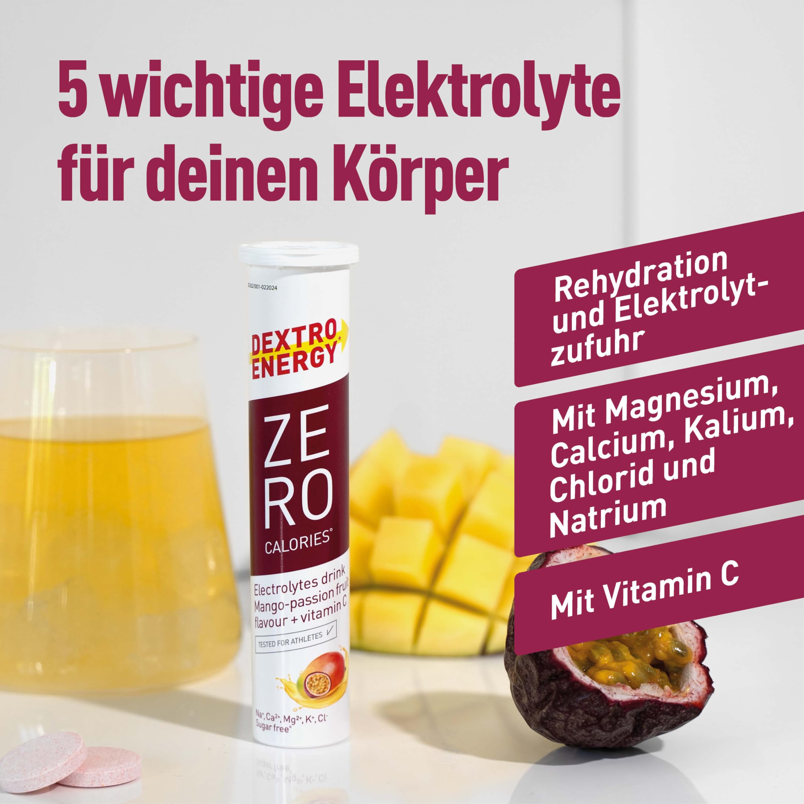 Dextro Energy Zero Calories Elektrolyte ohne Zucker Mango Passionfruit + Vitamin C - 12x20 Brausetabletten (12er Pack) Zusatz von Natrium, Magnesium, Chlorid, Calcium und Calium für Sportgetränke