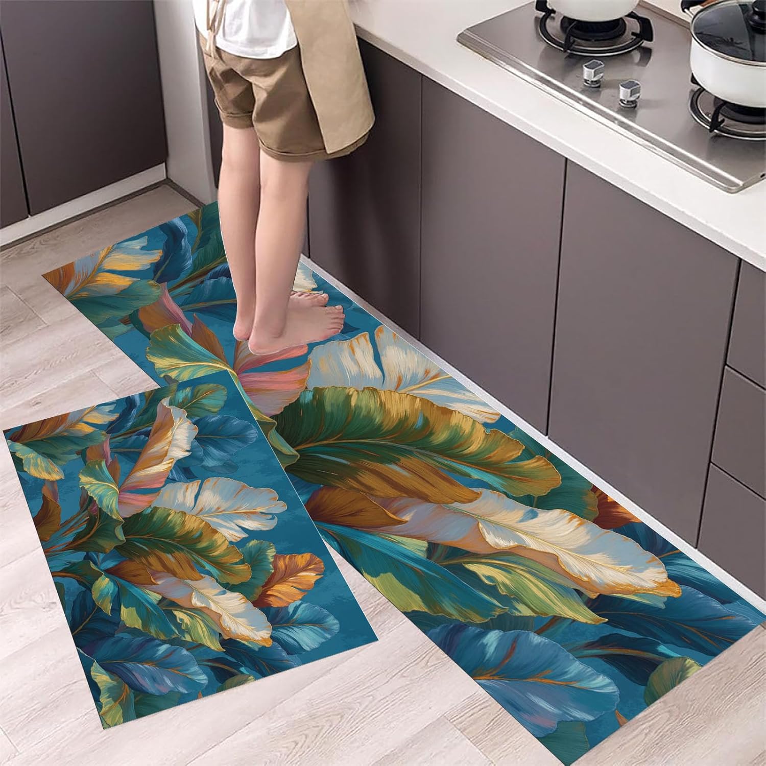 Tropical Style Kitchen Rugs Washable Lush Palm Leaves Kitchen Mats Floor Non-Slip Carpet Runner Absorbent Floor Mats with TPR Non Skid Backing,Set of 2(20"x59"+20"x32", Dark Blue)