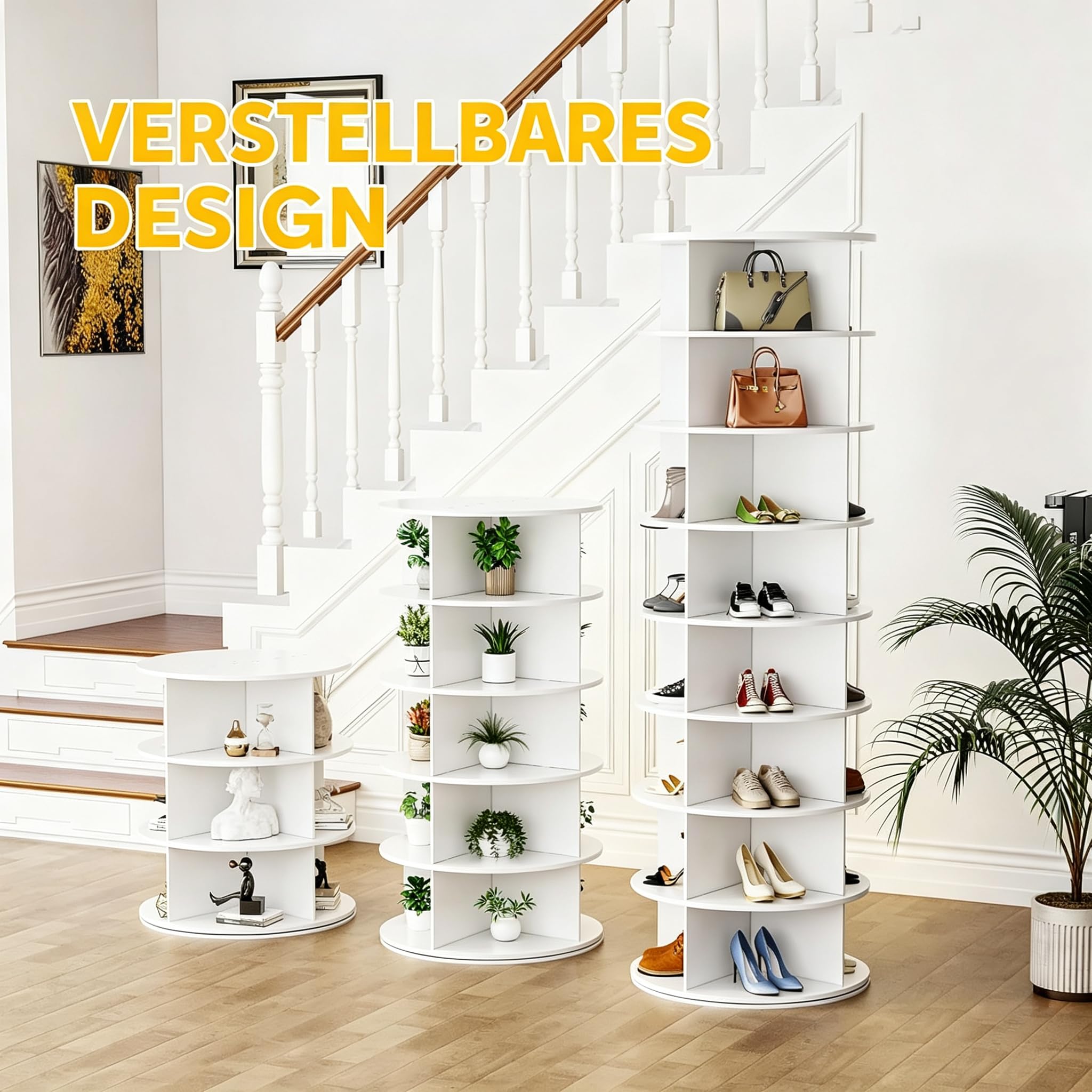 YODOLLA 8-stöckiges drehbarer Schuhregal, Weiß | platzsparender Aufbewahrungsständer für Schuhe & Taschen, ideal für Wohnzimmer, Flur & Schlafzimmer