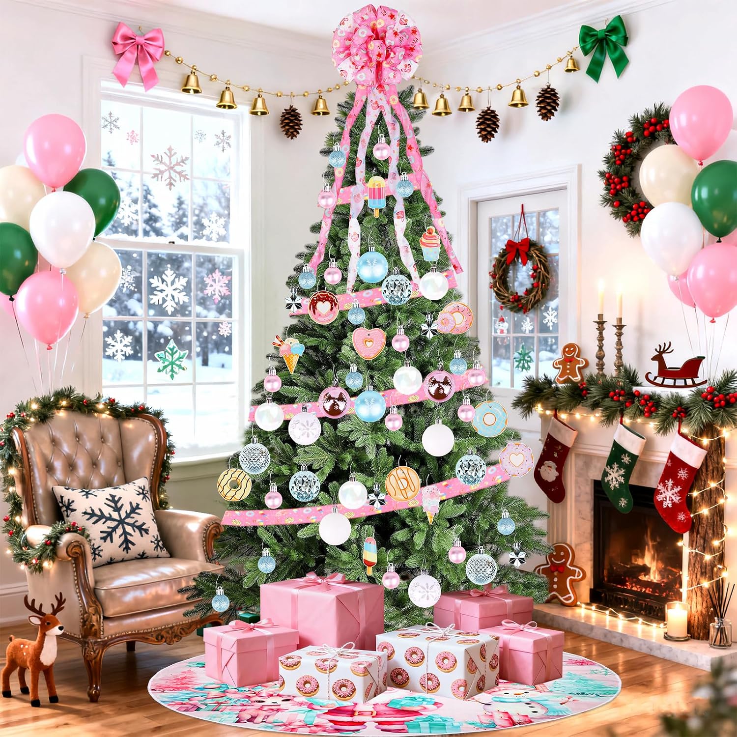 56 Pcs Pink Donut Christmas Tree Ornaments Set, Include Christmas Balls Tree Skirt Bow Topper Ribbon Wooden Hanging Pendants for Xmas Tree Holiday Party Supplies image 3