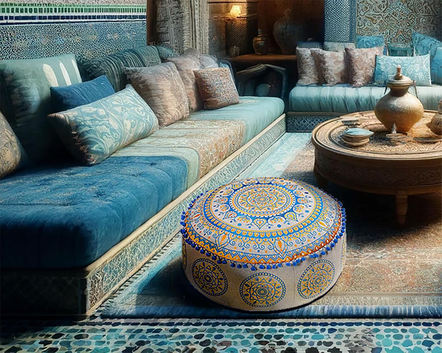 Boho Floor Pillow Cover Round Moroccan Large Pouf Ottoman Room Décor Cushion for Meditation Yoga and Boho Chic Bohemian Furniture Perfect for Living Room, Bedroom, Nursary or Children Room Unstuffed