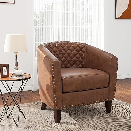 Miniatura 13 de Pia Ricco Juego de 2 sillas de barril de piel sintética, modernas y cómodas, sillas de club tapizadas con ribete de cabeza de clavo, sofá individual