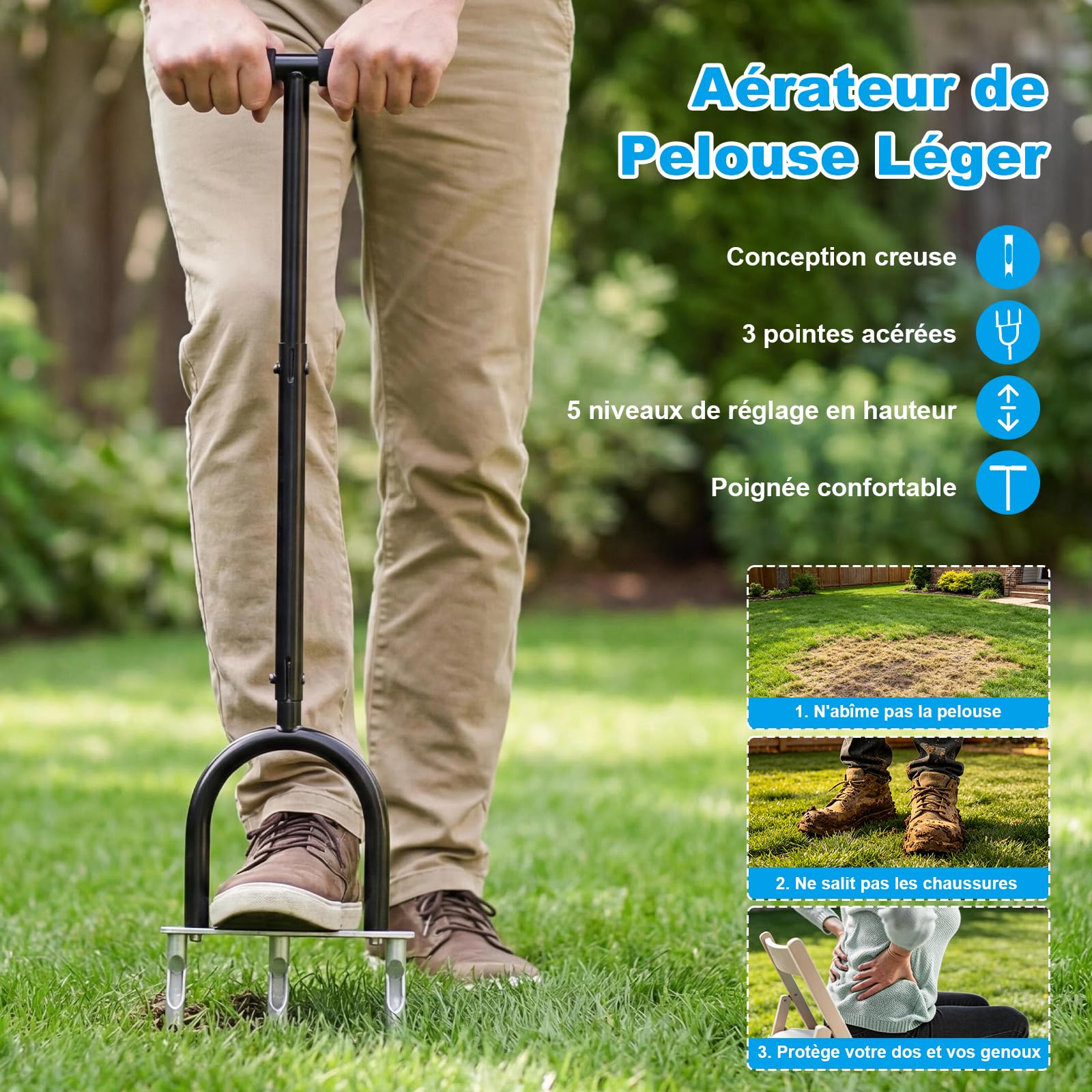 Aérateurs de Gazon Manuels, 3 Zinken Hohlzinken Verstopfungsfrei - Aérateur de Pelouse Aérateur à Gazon Manuel Aérateur Poignée en T pour Cours, Jardin, Ameublir Le Sol et Améliorer la Pelouse