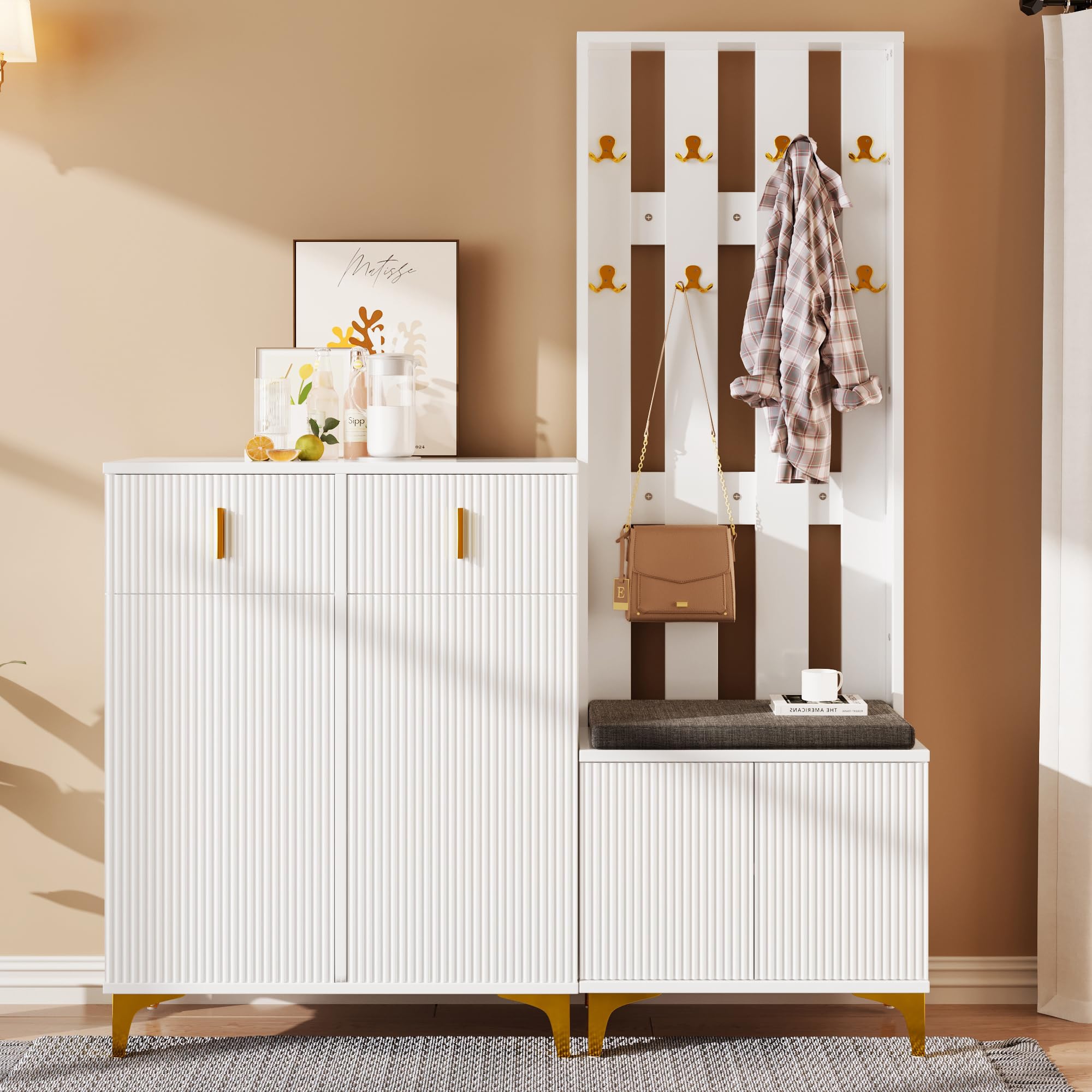 Garderobenset Wandgarderobe mit Schuhbank und Kissen, Schuhschrank Flurgarderobe, Kompaktgarderobe 143,2x180,5x35,2cm Weiß