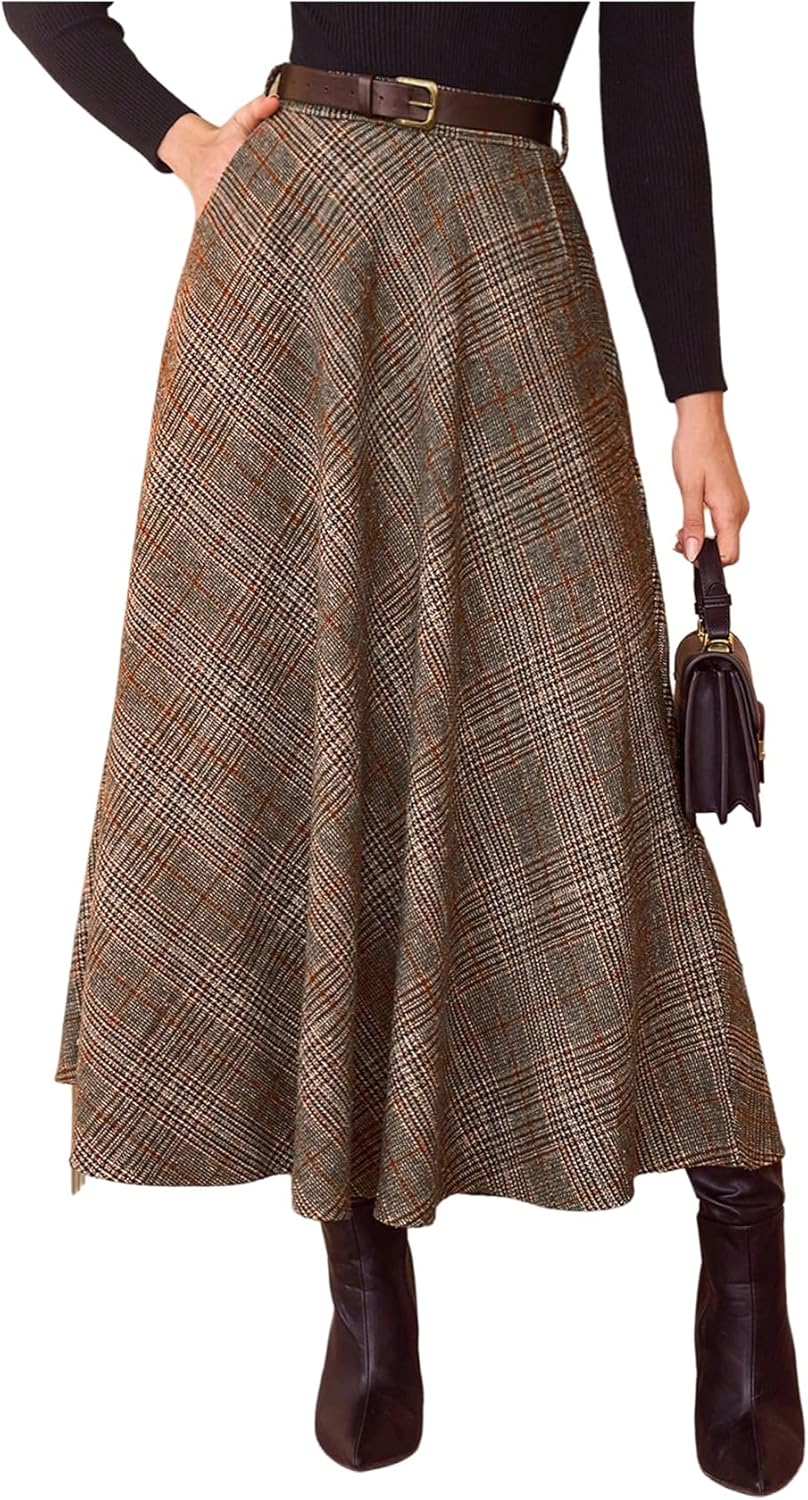SweatyRocks Women's Vintage Plaid Maxi Skirts High Waist Belted A Line Office Work Skirt with Pockets