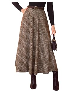 SweatyRocks Womens Vintage Plaid Maxi Skirts High Waist Belted A Line Office Work Skirt with Pockets