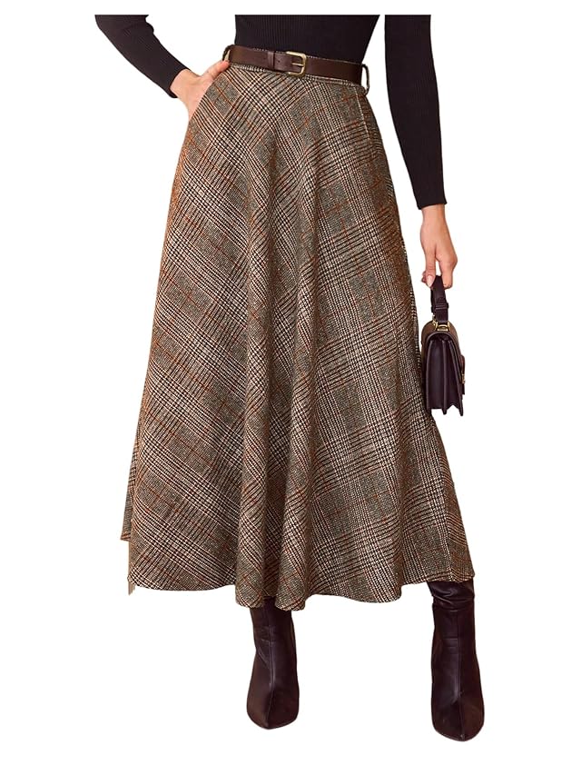 SweatyRocks Womens Vintage Plaid Maxi Skirts High Waist Belted A Line Office Work Skirt with Pockets