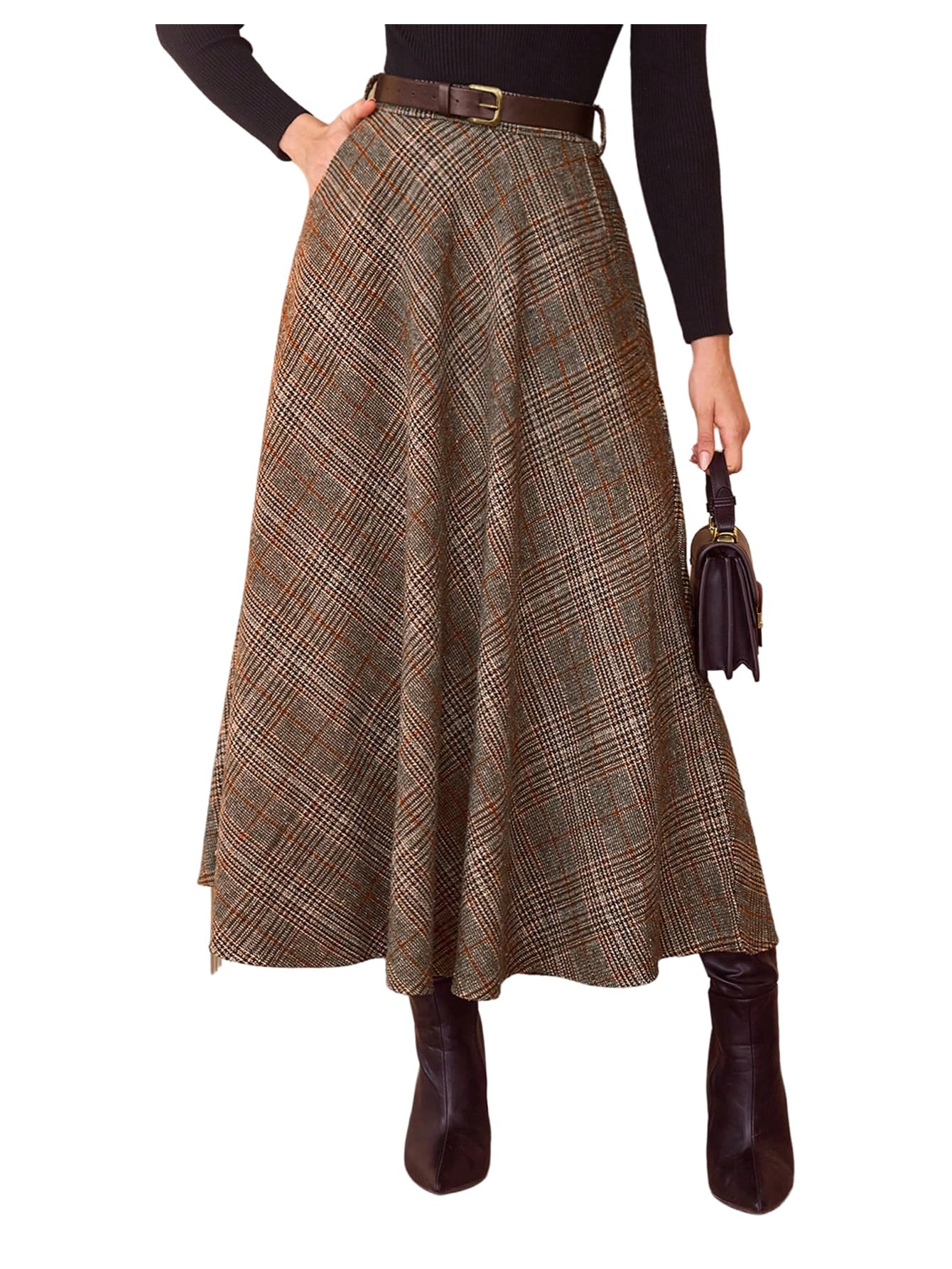 SweatyRocks Womens Vintage Plaid Maxi Skirts High Waist Belted A Line Office Work Skirt with Pockets