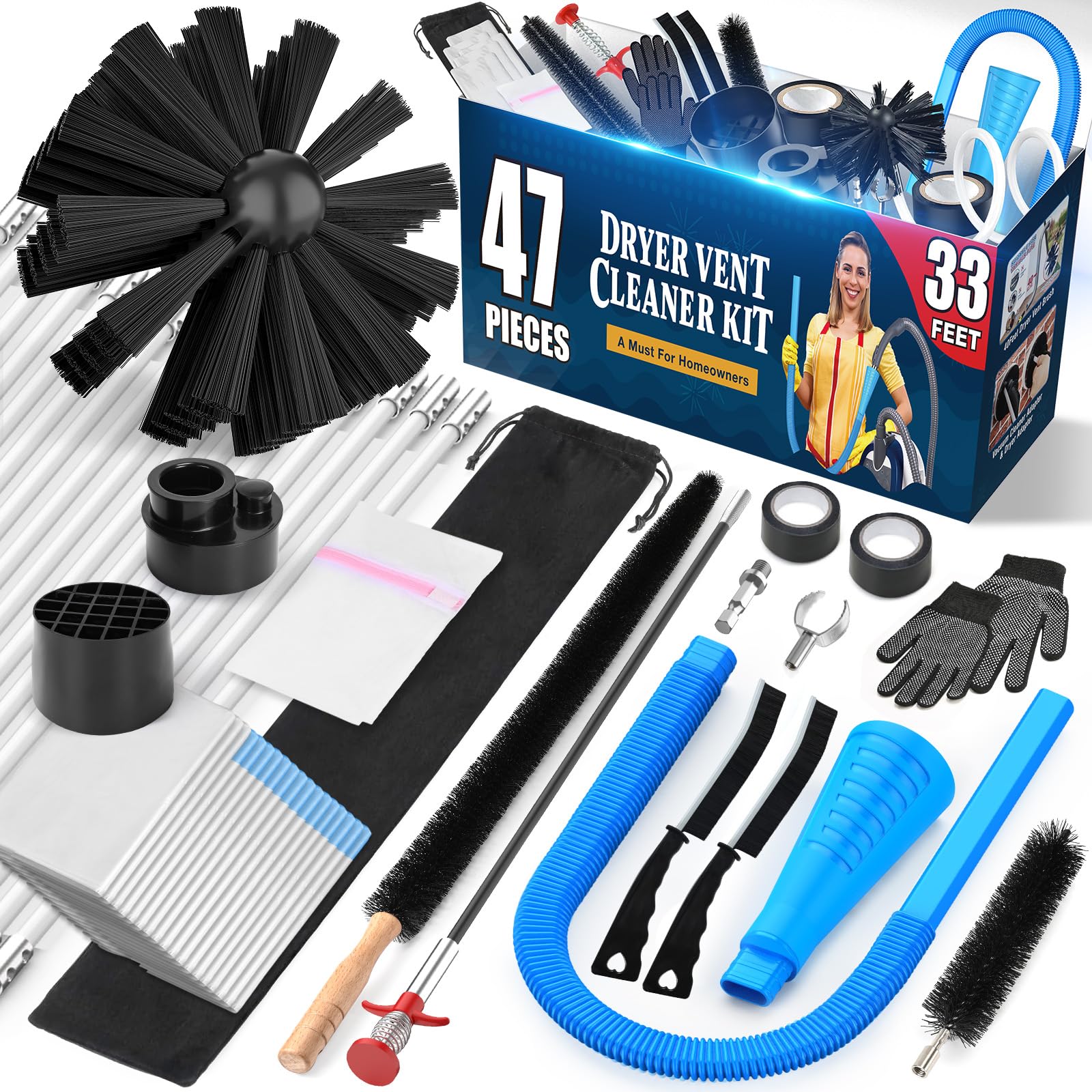 Sealegend 33-Piece Dryer Vent Cleaner Kit Omnidirectional Include 33Feet Dryer Vent Brush Blue Dryer Vacuum Attachment Lint Brush Vacuum&Dryer Adapter