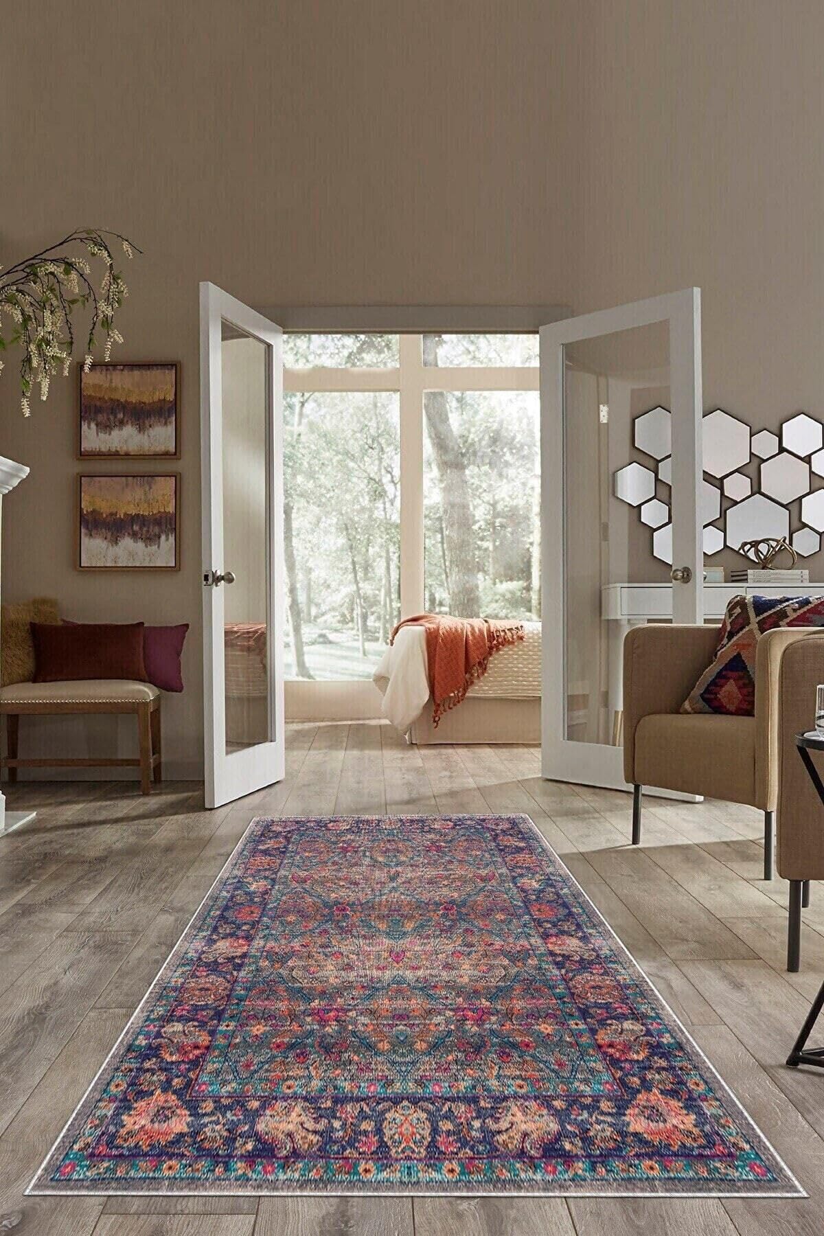 Pelangi Mavi Osmanlı Motifler Eskitme Yıkanabilir Kaymaz Taban Leke Tutmaz Modern Salon Halısı Ve Yolluk, Mavi-Pembe 100 x 200, 74571105100200728