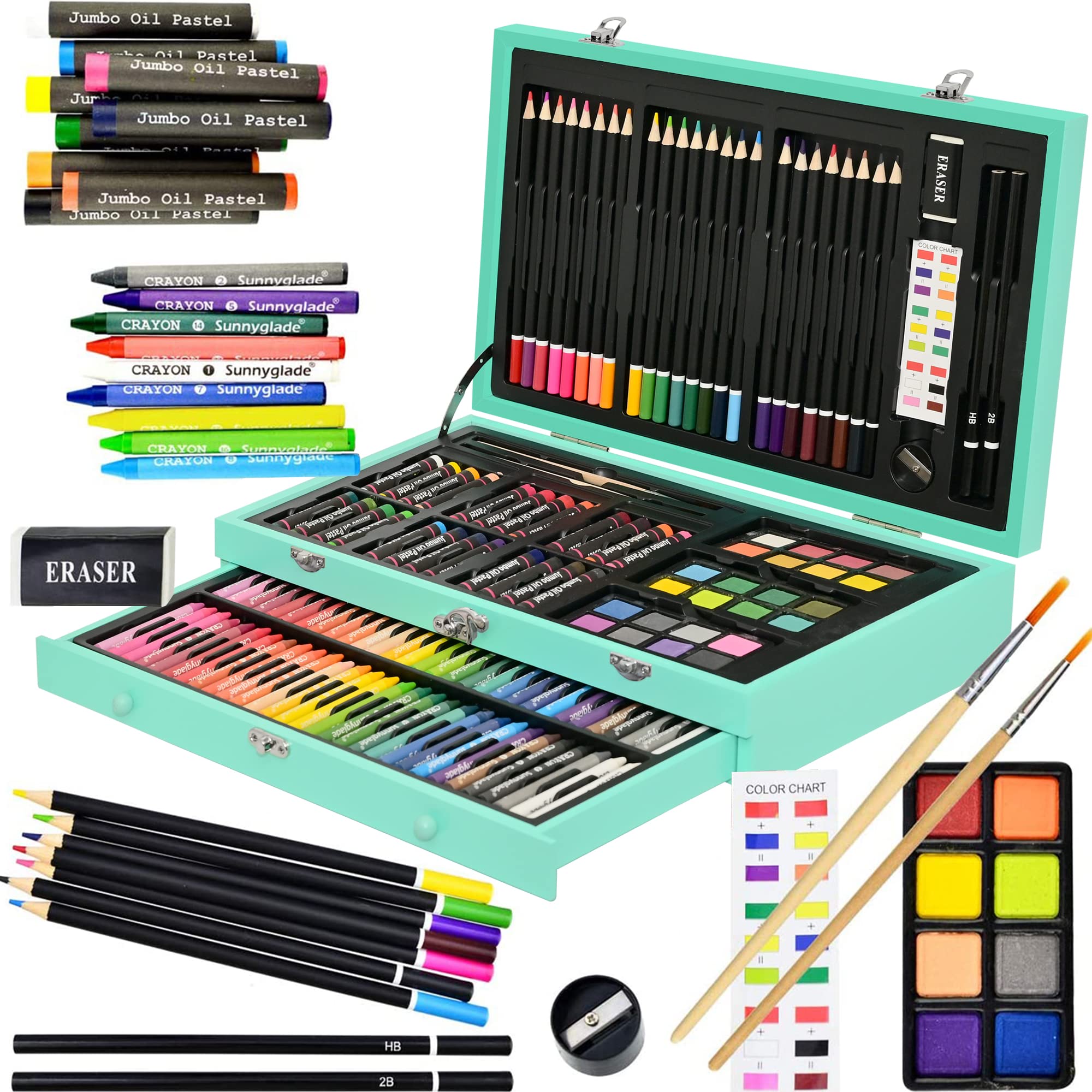 Sunnyglade 145 Piece Deluxe Art Set, Wooden Art Box & Drawing Kit with Crayons, Oil Pastels, Colored Pencils, Watercolor Cakes, Sketch Pencils, Paint Brush, Sharpener, Eraser, Color Chart (Green)