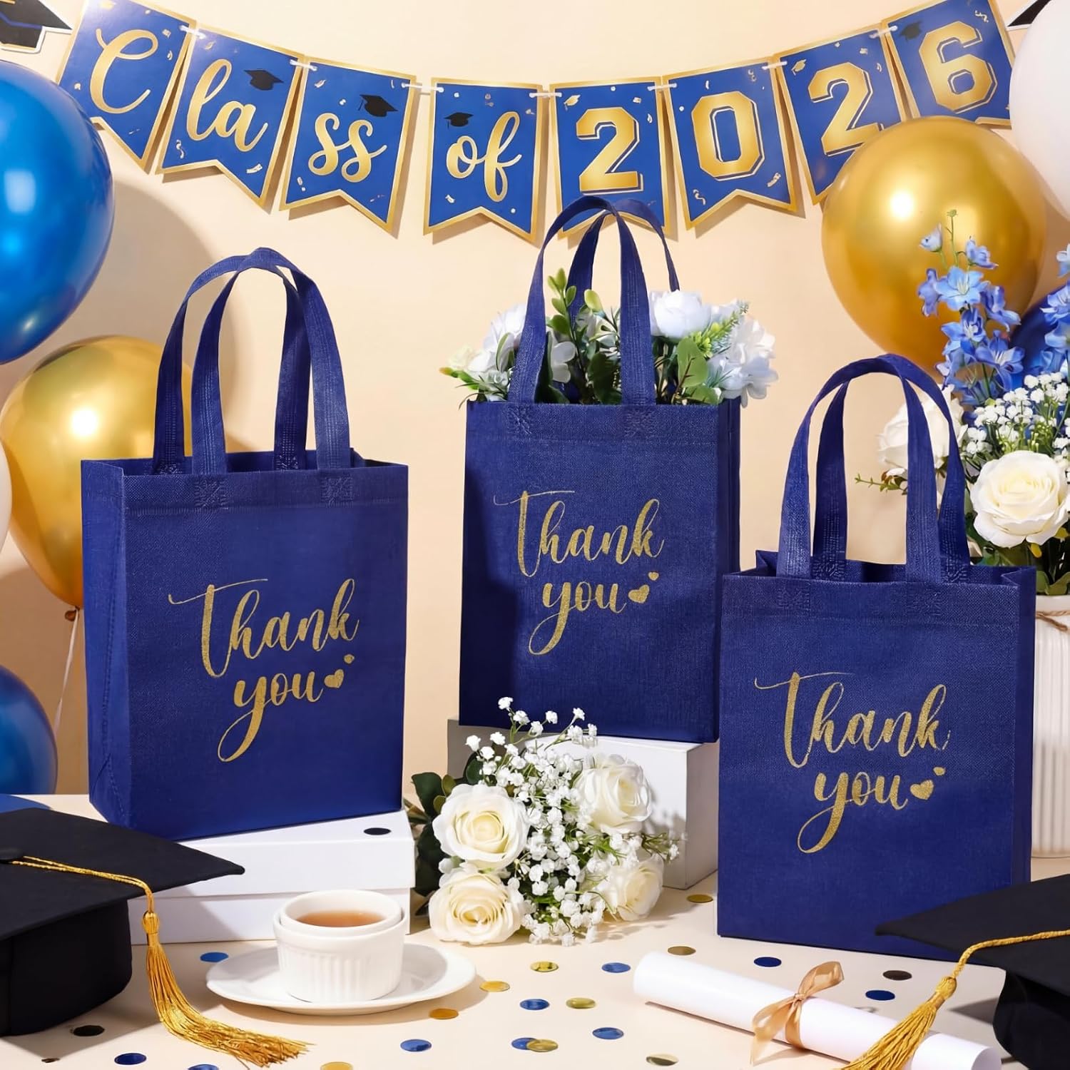 sweetude 30 pcs thank you gift bags with handles, reusable non woven foldable goodie bags bulk for back to school appreciation wedding bridesmaid favors(10 x 8 x 4 inch,navy blue) navy blue 10 x 8 x 4 inch