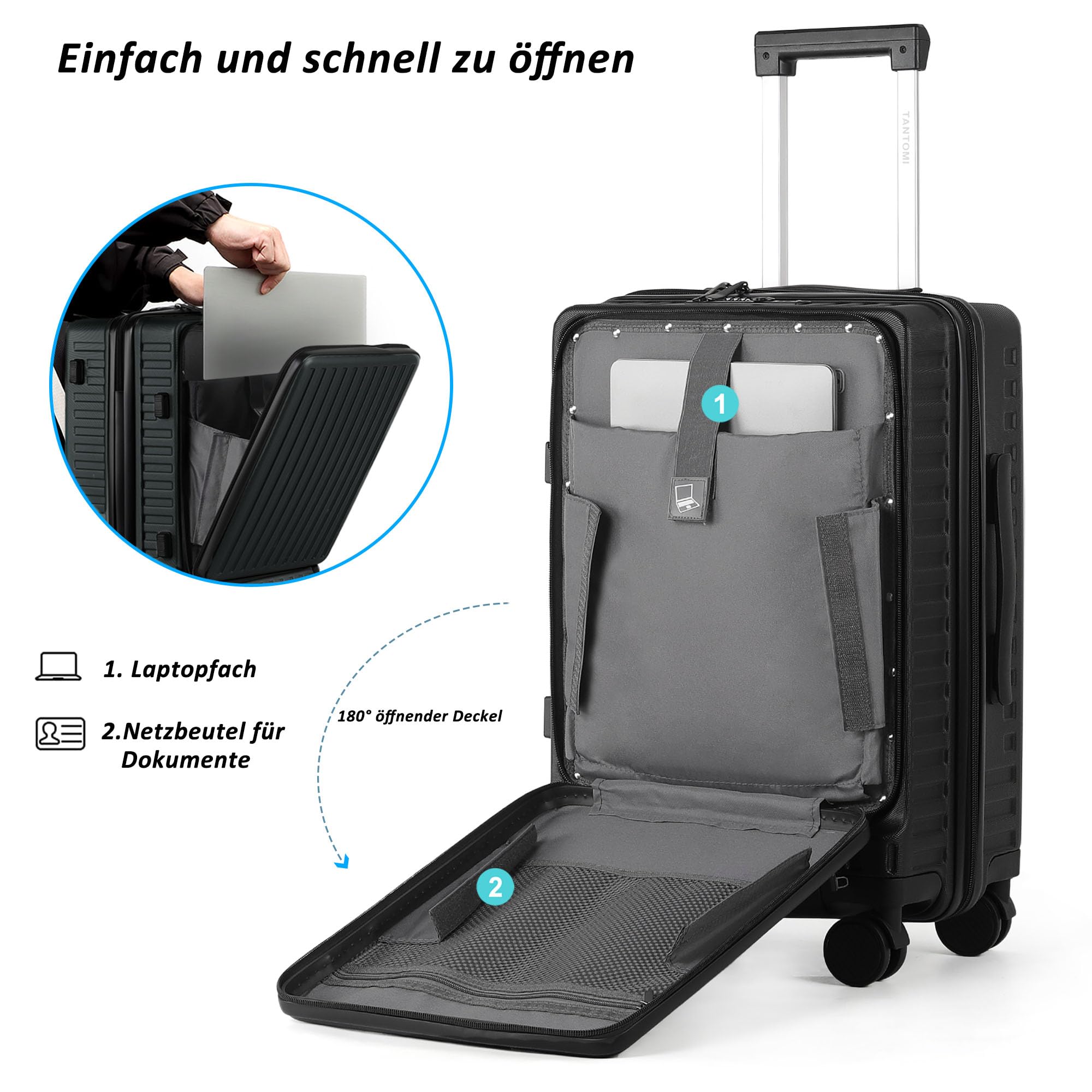 TANTOMI Handgepäck Koffer mit Laptopfach, 20 Zoll Hartschalenkoffer, Leichter ABS-Rollkoffer, Reisekoffer mit 4×360°-Rollen, TSA-Schloss (Schwarz, 41L)