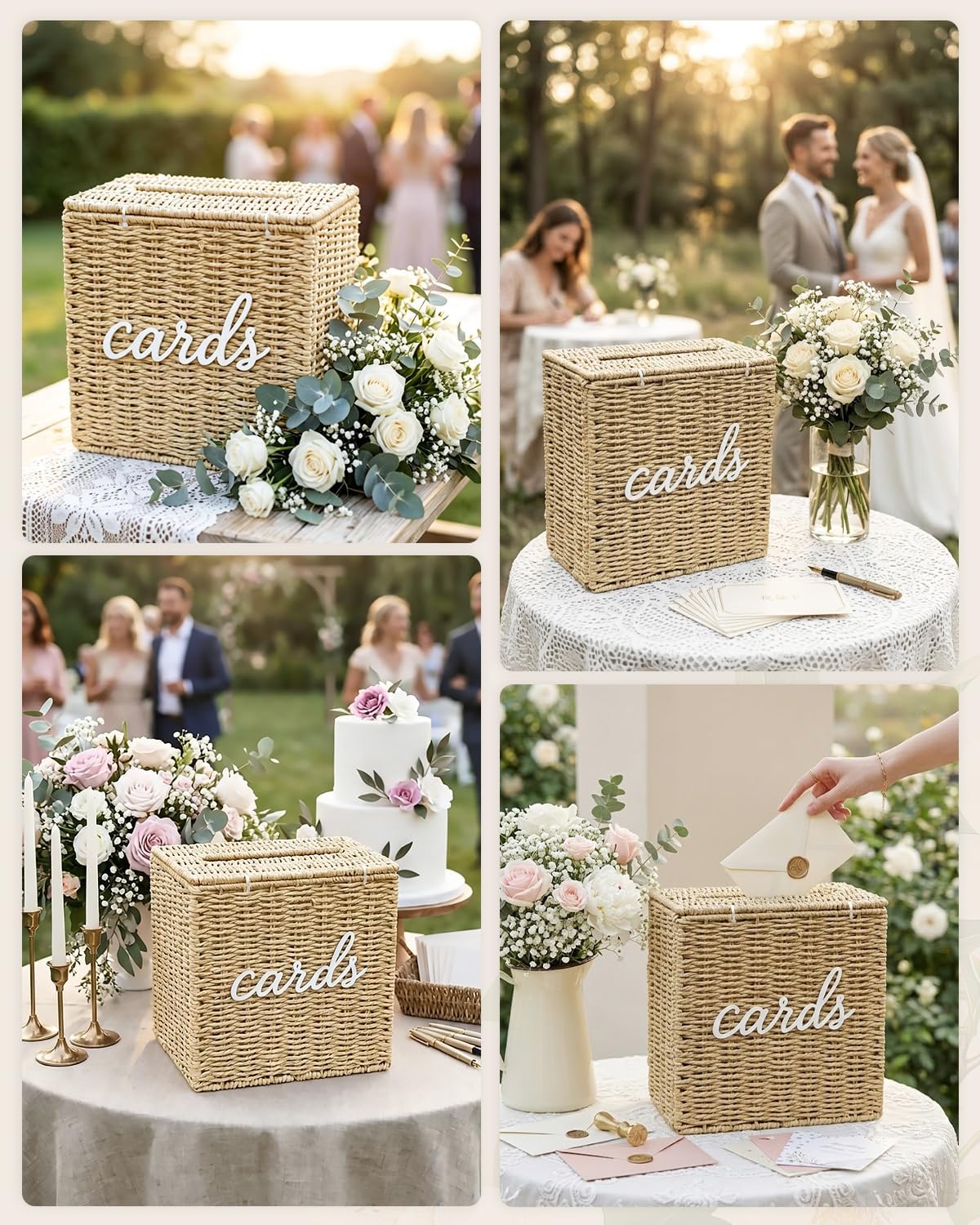 Wicker Wedding Card Box Basket with Slot, 10.2'' Hand-Woven Rattan | Card Holder for Reception, Graduation, Bridal & Baby Shower, Decorative Keepsake Gift Box, Includes Cards Sign