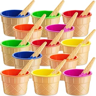 Ice Cream Bowls and Spoons Set - (Pack of 12) Reusable Plastic Ice Cream Cups and Waffle Cone Shaped Spoons for Dessert, Frozen Yogurt, Gelato, Birthday Party Decorations