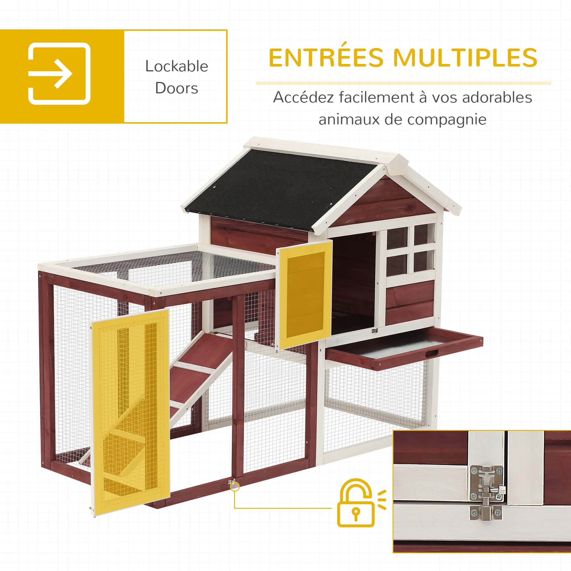 PawHut Clapier Cage à Lapins Multi-équipé 123,5L x 62,6l x 92,5H cm Rouge Brique