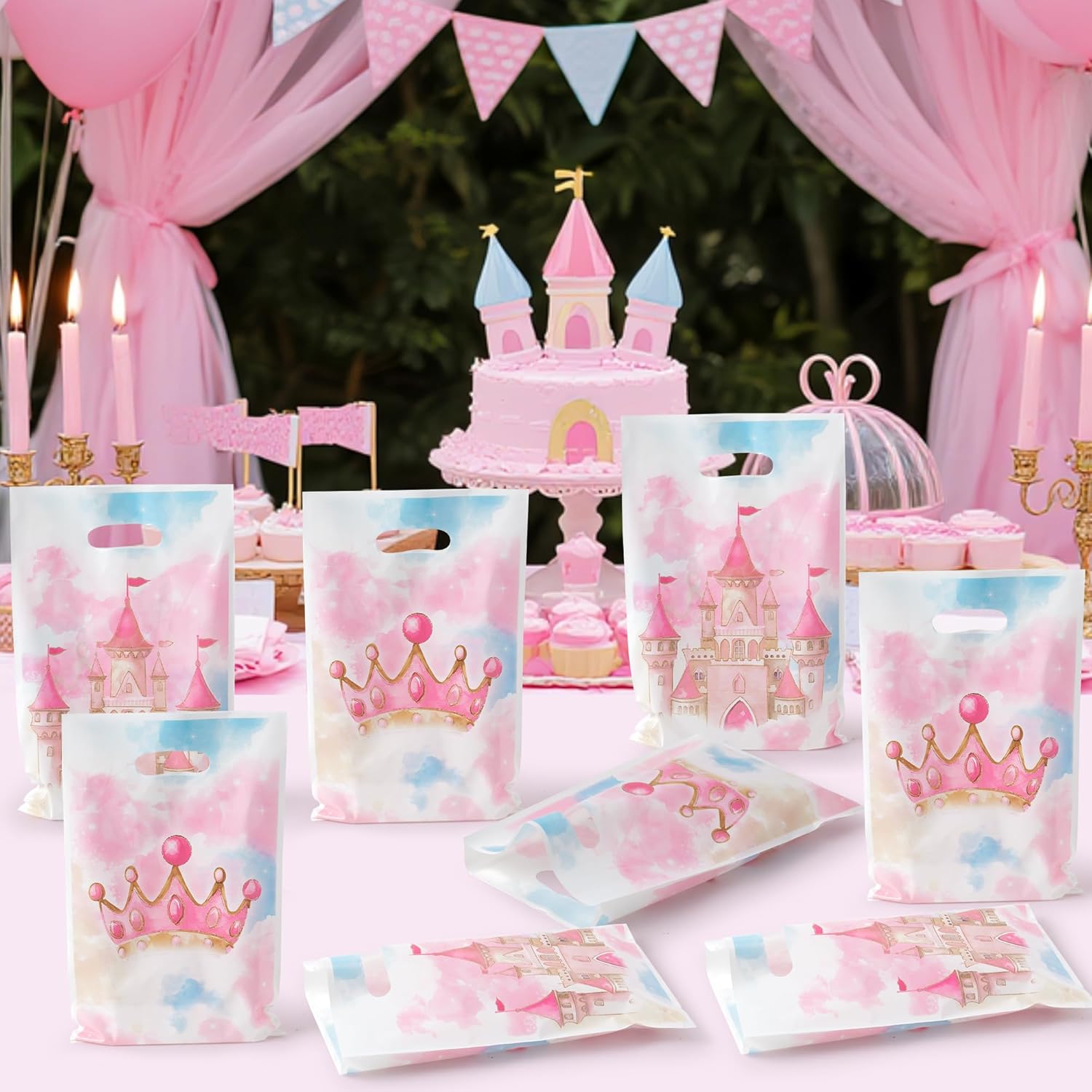 K1tpde 50PCS Watercolor Princess Party Favor Bags, Pink Princess Castle Theme Plastic Goodie Gift Bags Bulk with Handle for Girl, Watercolor Pastel Castle Fairytale Party Decorations Birthday Supplies - Image 5
